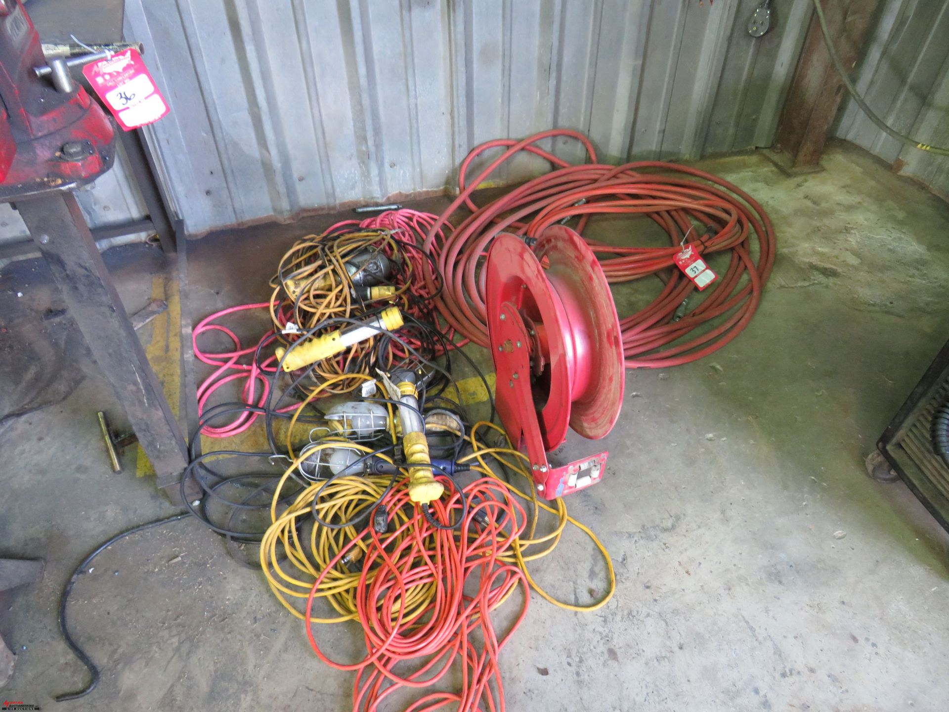 ASSORTED EXTENSION CORDS, AIR HOSES, DROP LIGHTS
