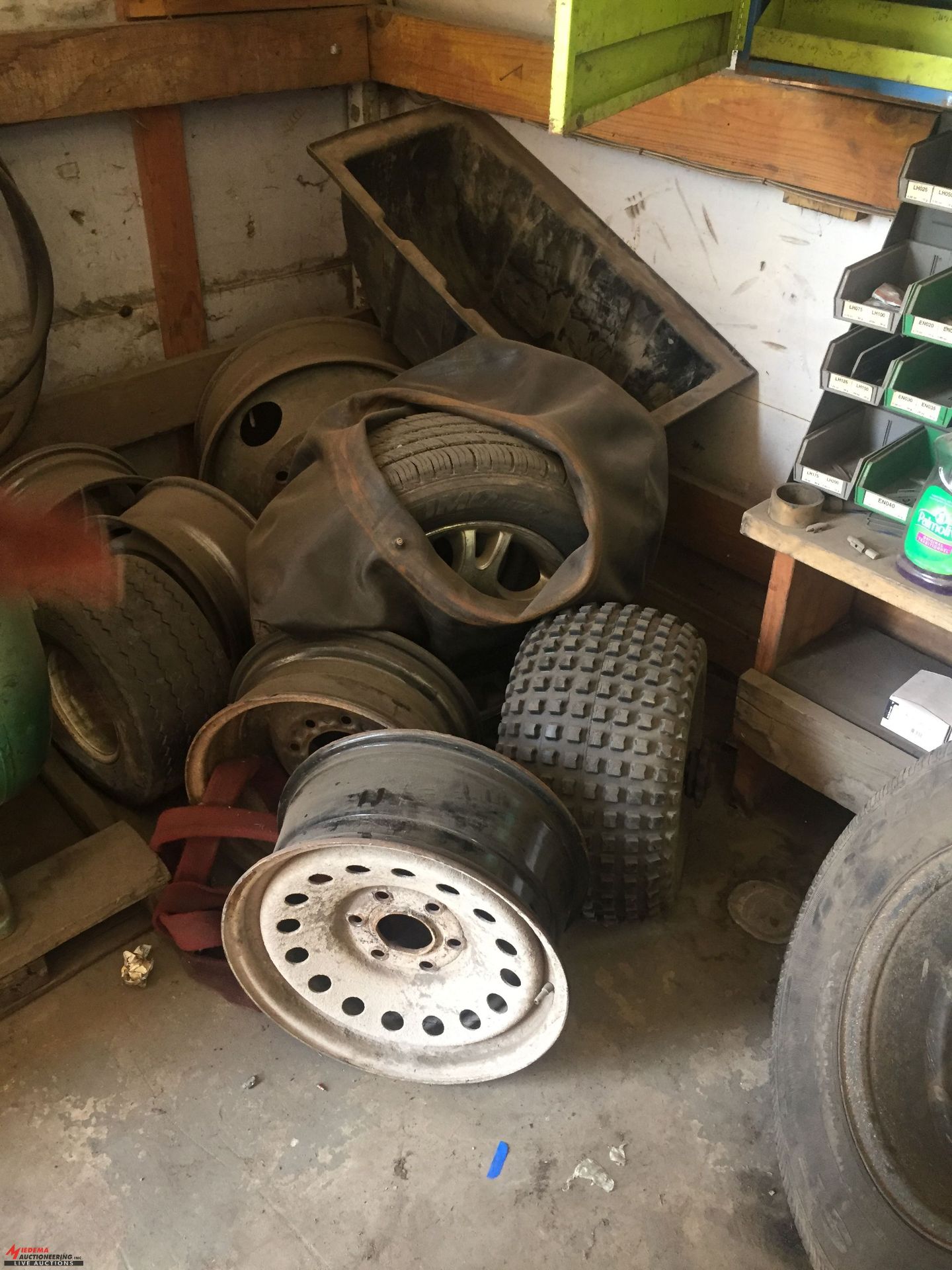 METAL CABINETS (2) WITH ASSORTED TIRE REPAIR TYPE TOOLS, ALSO INCLUDES ASSORTED TIRES AND RIMS [ - Image 3 of 3