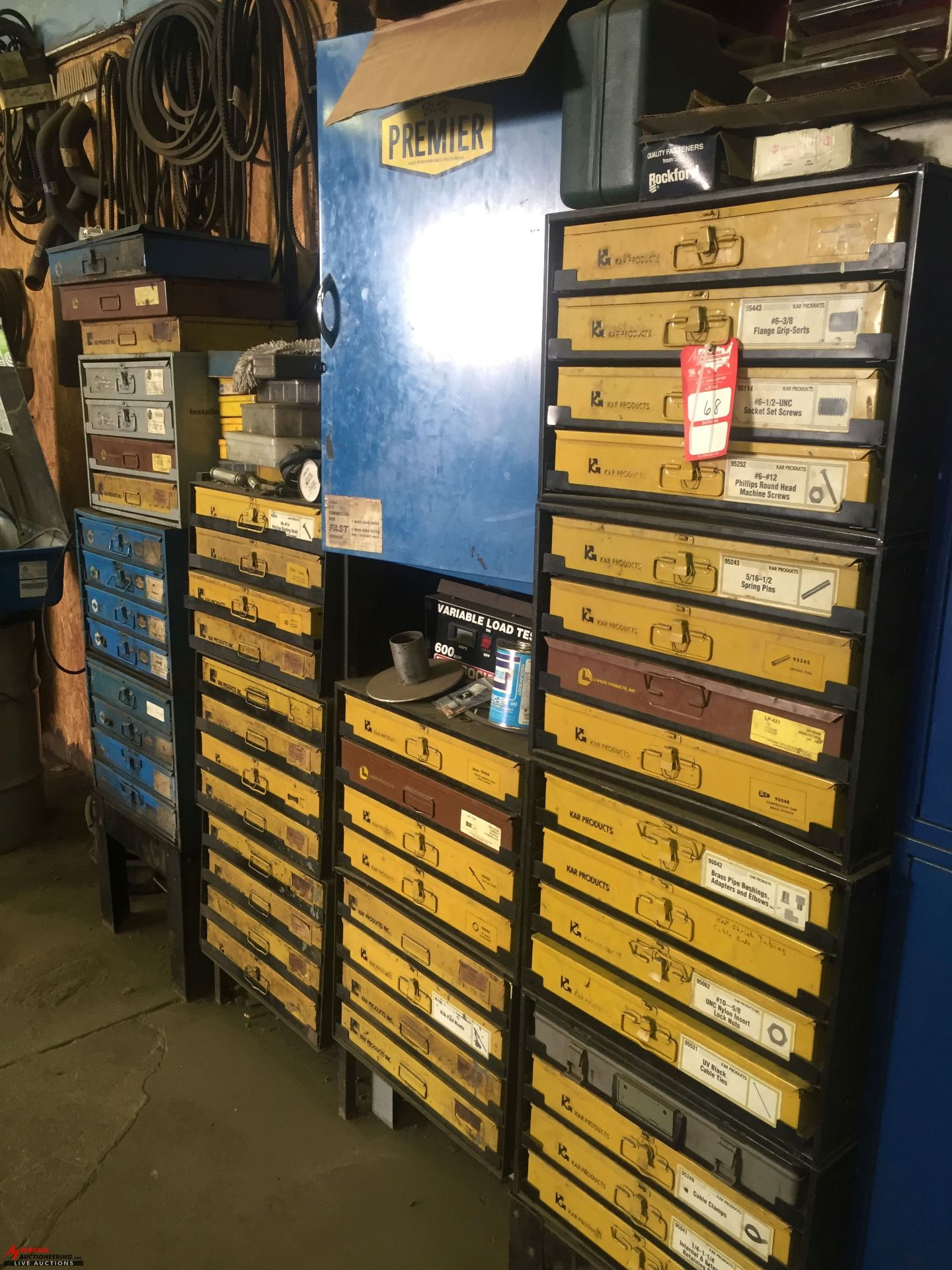 ASSORTED METAL PARTS BINS TO INCLUDE BRASS PIPE FITTINGS, SPRING PINS, SET SCREWS, RIVETS,