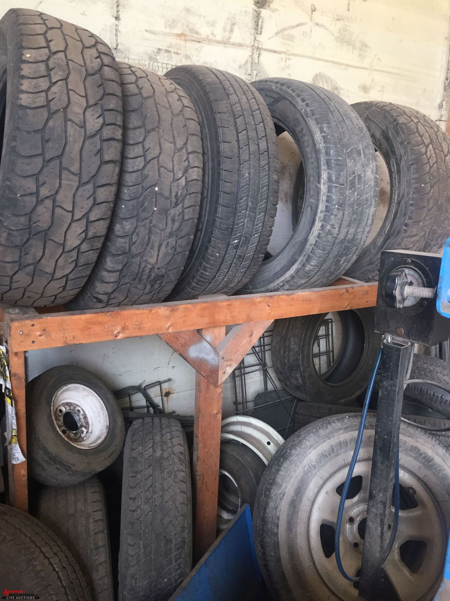 METAL CABINETS (2) WITH ASSORTED TIRE REPAIR TYPE TOOLS, ALSO INCLUDES ASSORTED TIRES AND RIMS [ - Image 2 of 3