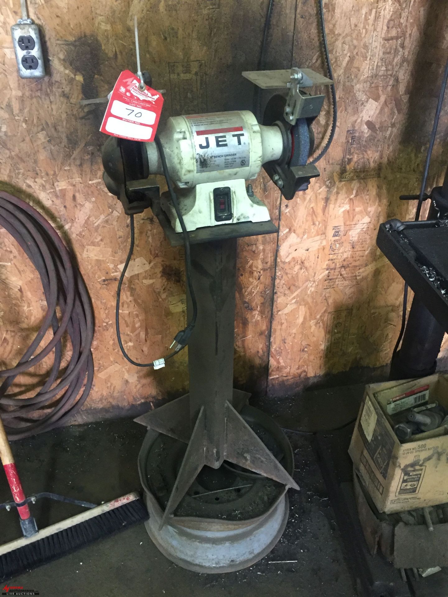 JET 6'' BENCH GRINDER MOUNTED ON FABRICATED PEDESTAL [LOCATION: EAST WINANS STREET LOCATION]