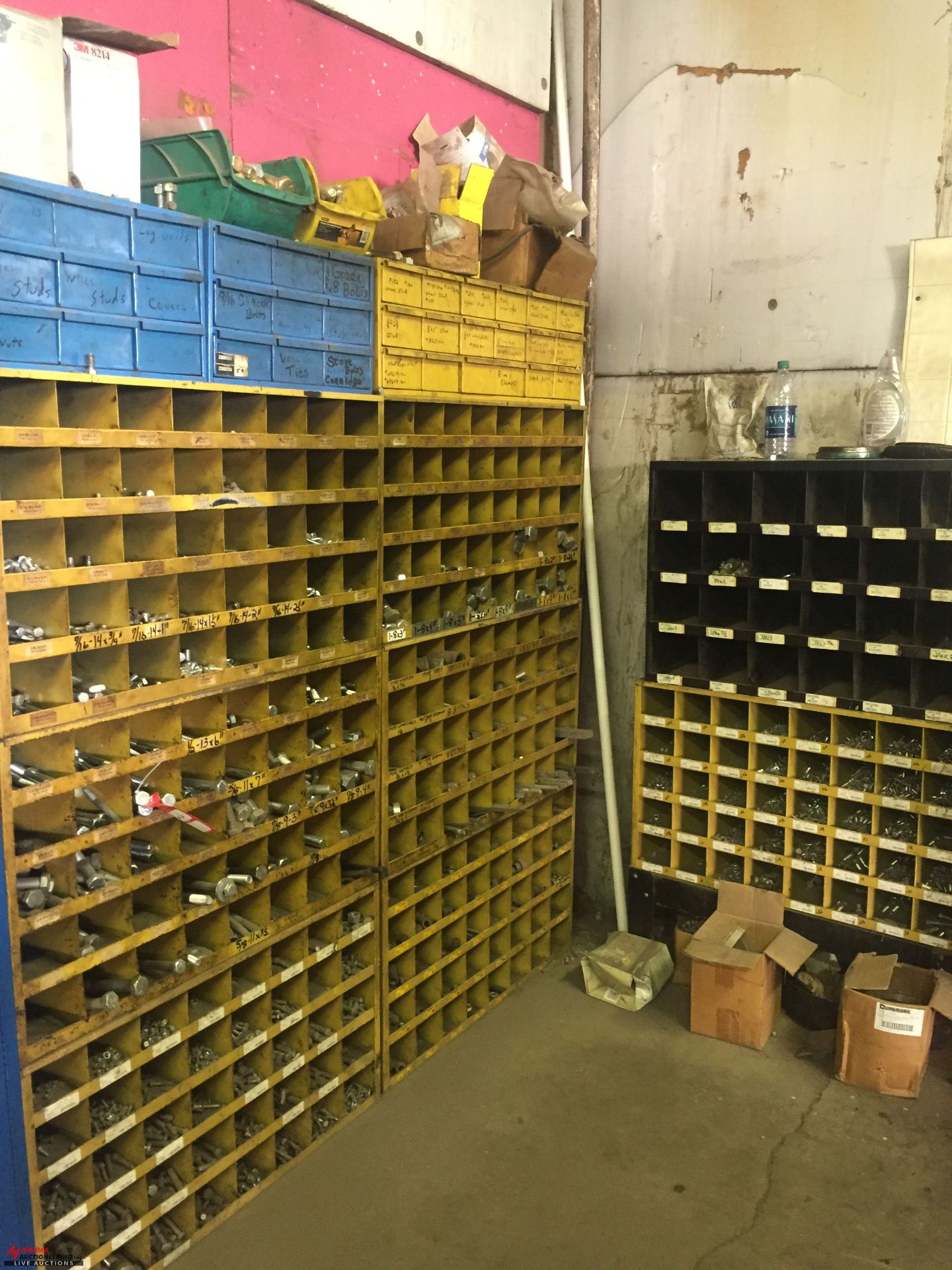 ASSORTED NUT AND BOLT BINS, (3) SECTIONS TOP TO BOTTOM, APPROX (11) CABINETS [LOCATION: EAST