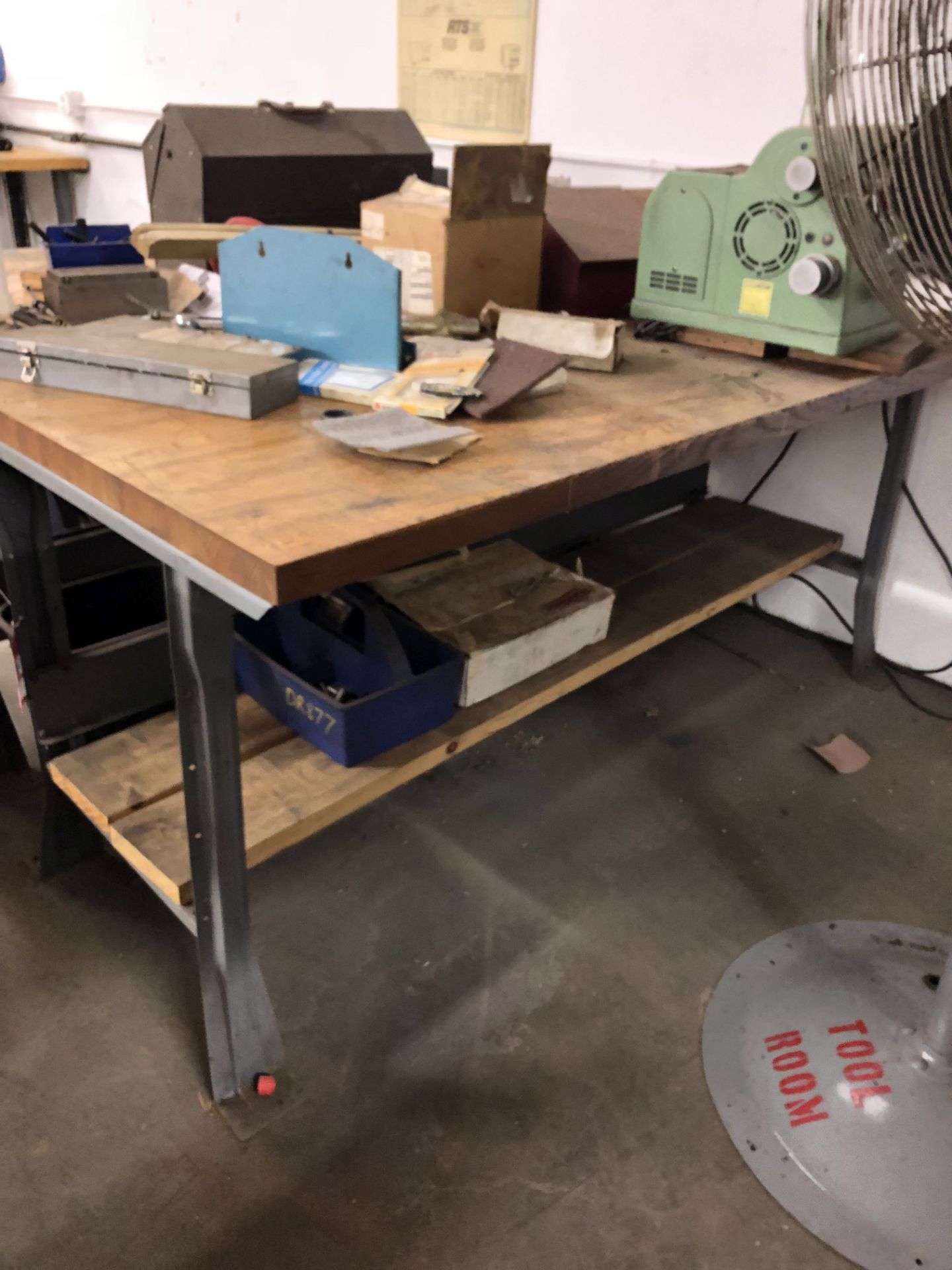 METAL WORK BENCH WITH WOOD TOP, 6' LONG x 3' WIDE x 34'' TALL [CONTENTS ON BENCH NOT INCLUDED] [
