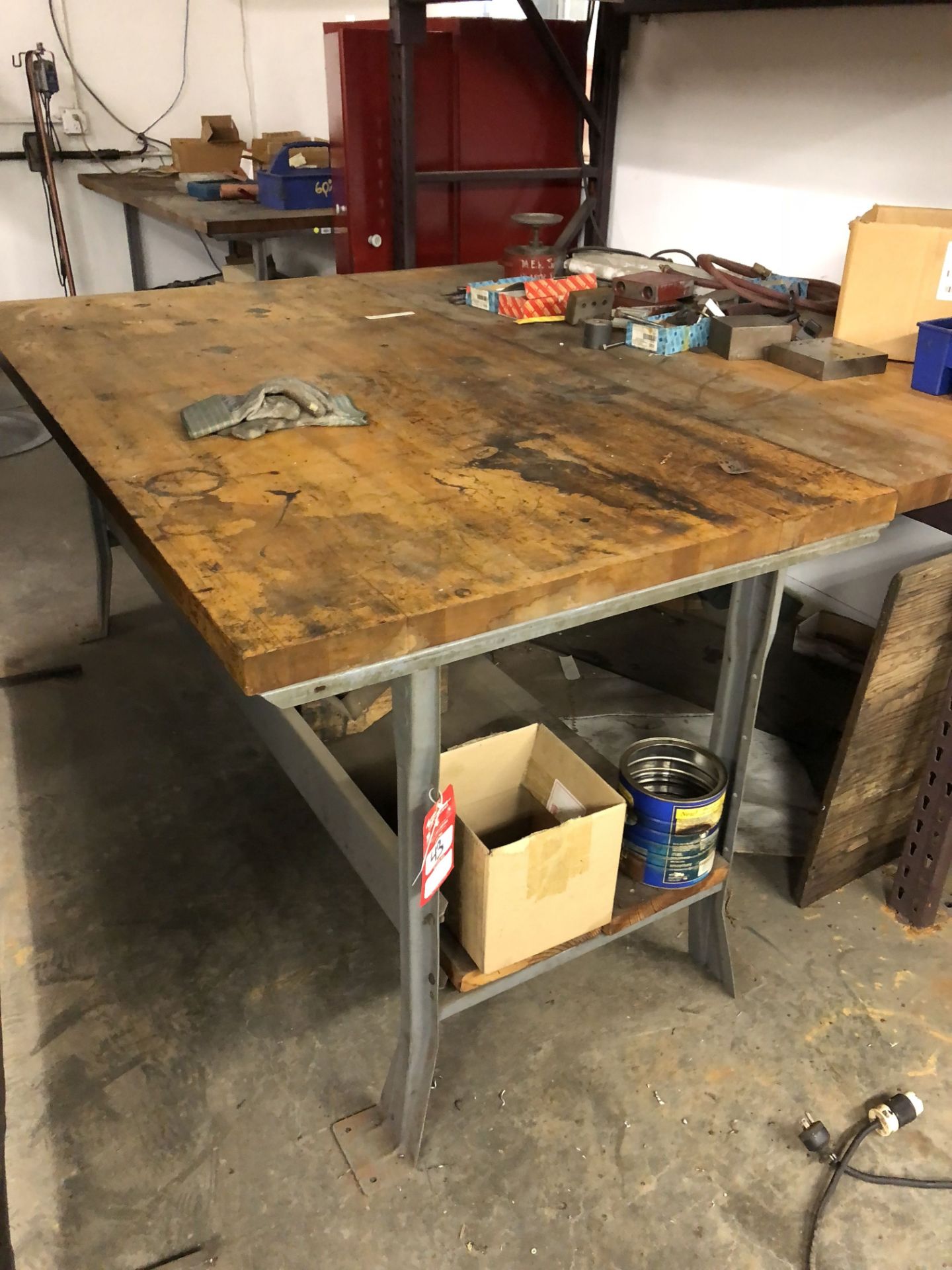 METAL WORK BENCH WITH WOOD TOP, 6' LONG x 3' WIDE x 34'' TALL [CONTENTS ON BENCH NOT INCLUDED] [