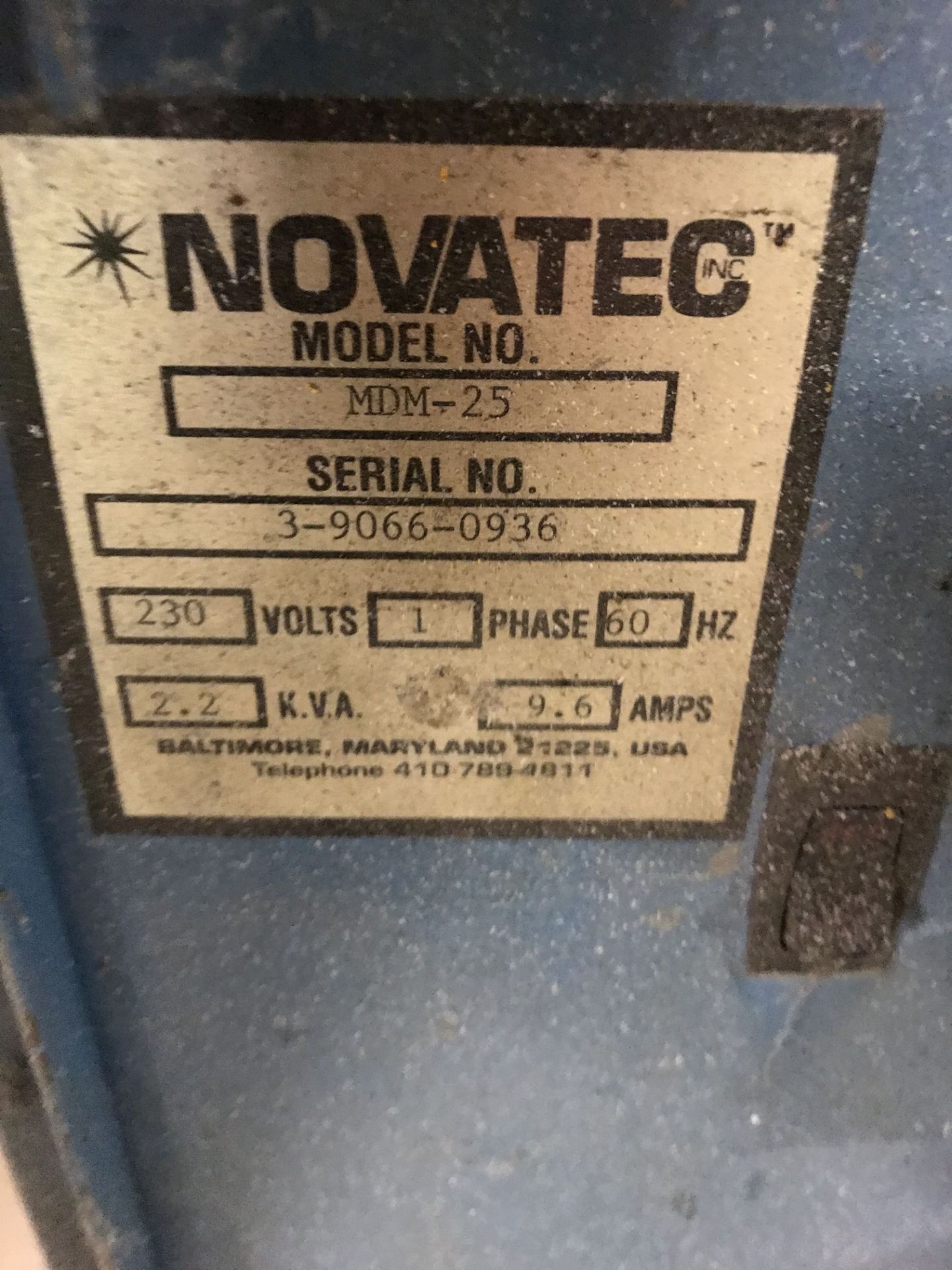 NOVATEC DRYER, MODEL MDM-25, PROCESS RATE 25CFM, 1/60/230V, S/N 3-9066-0936, INCLUDES A MDM 100LB - Image 7 of 7