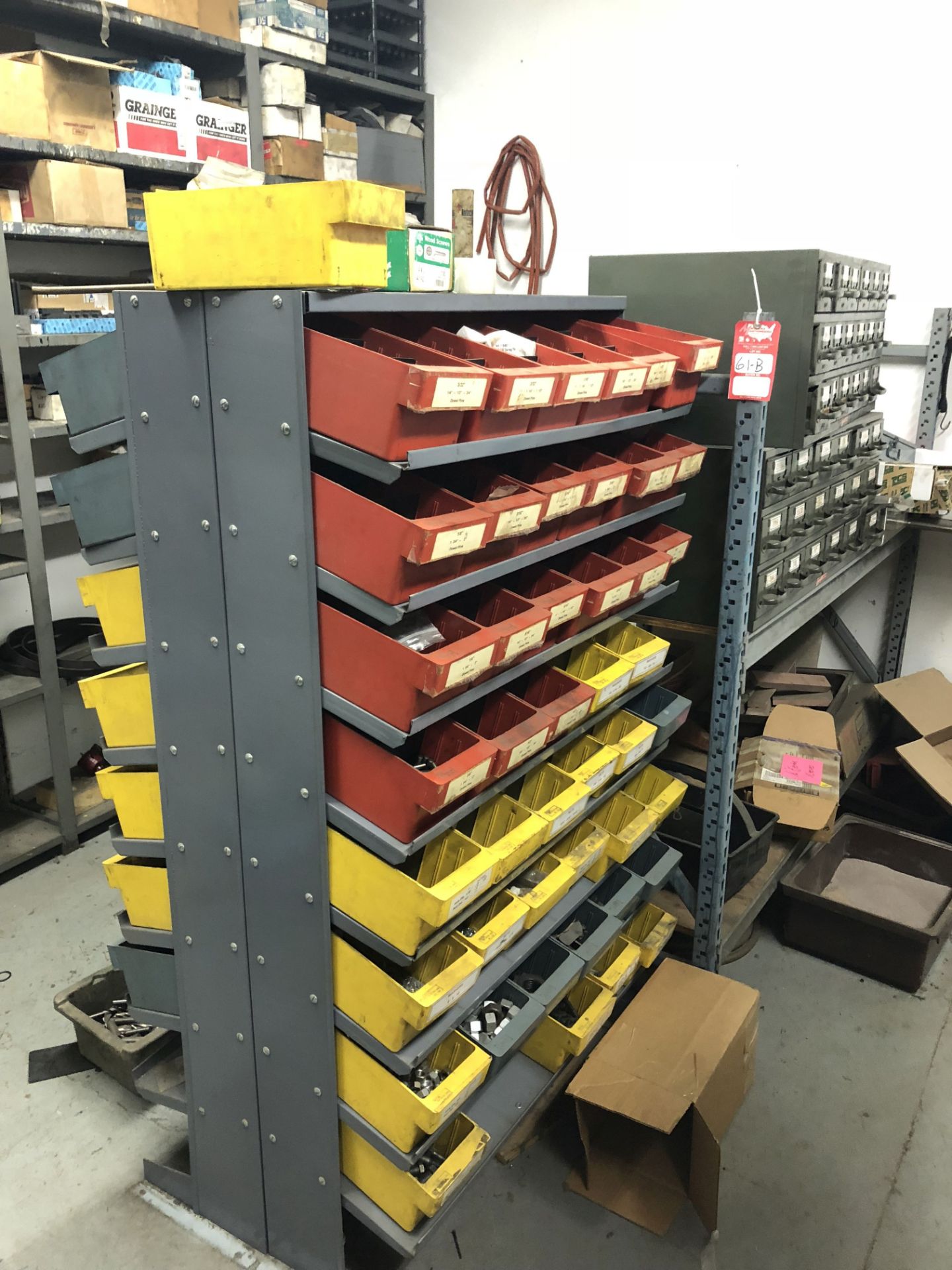 METAL RACKS (2) WITH CONTENTS OF ASSORTED BINS AND RACK [LOCATION: BUILDING 2 TOOL ROOM]