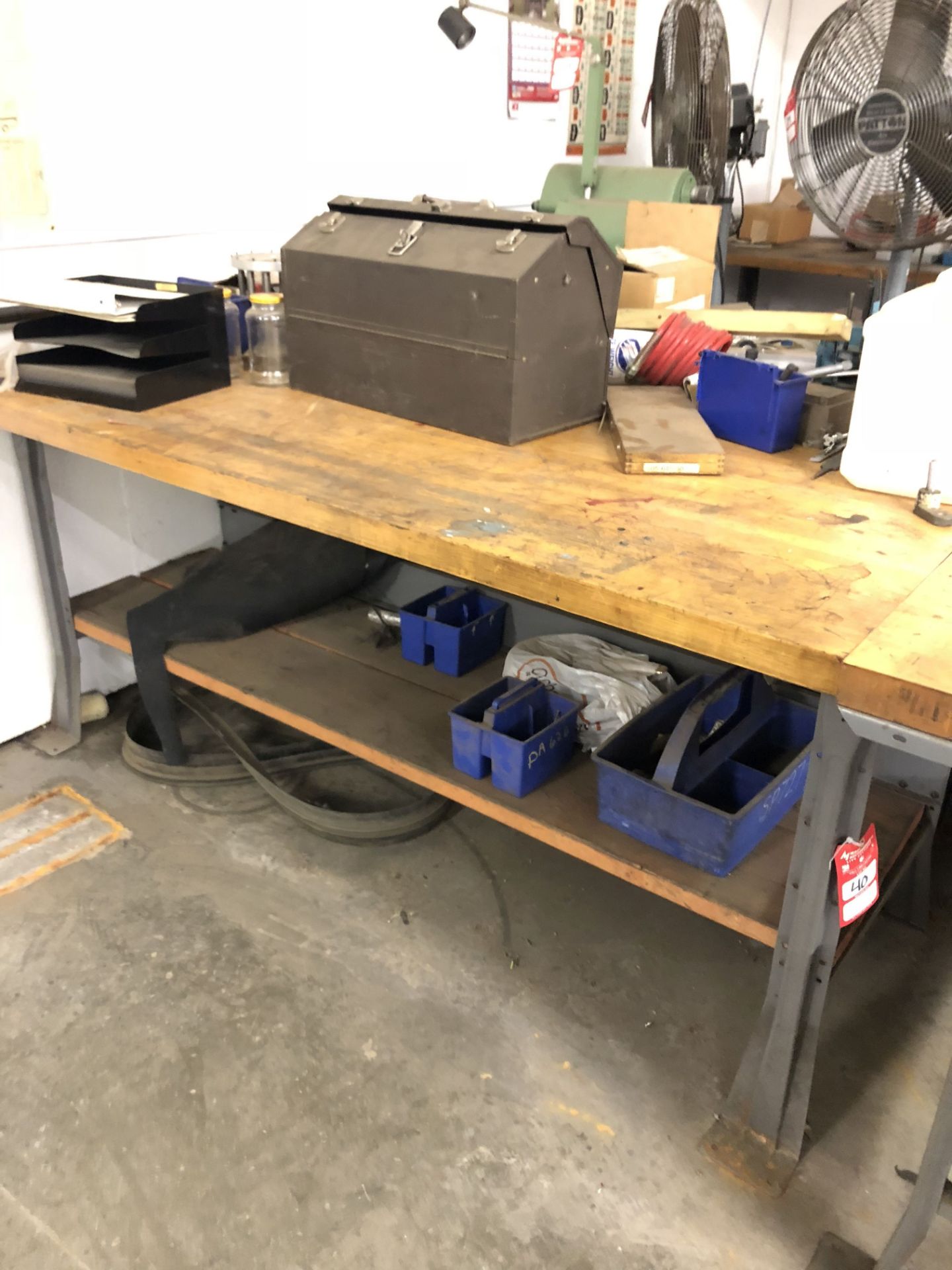 METAL WORK BENCH WITH WOOD TOP, 6' LONG x 3' WIDE x 34'' TALL [CONTENTS ON BENCH NOT INCLUDED] [