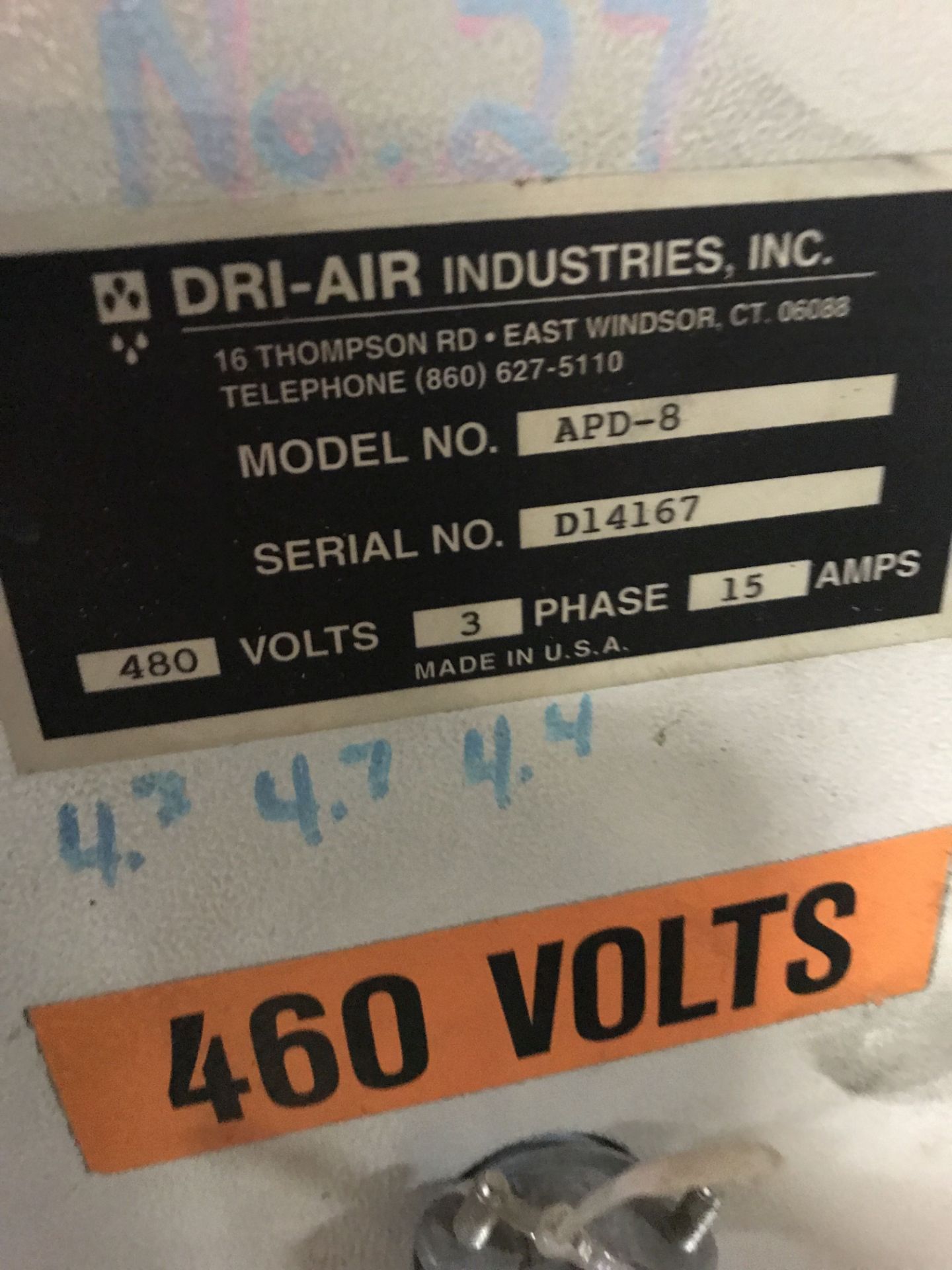 DRI-AIR DRYER, MODEL APD-8, PROCESS RATE 90LBS/HOUR, 3/480V, 15 AMP, S/N D14167, INCLUDES RB300 - Image 5 of 6