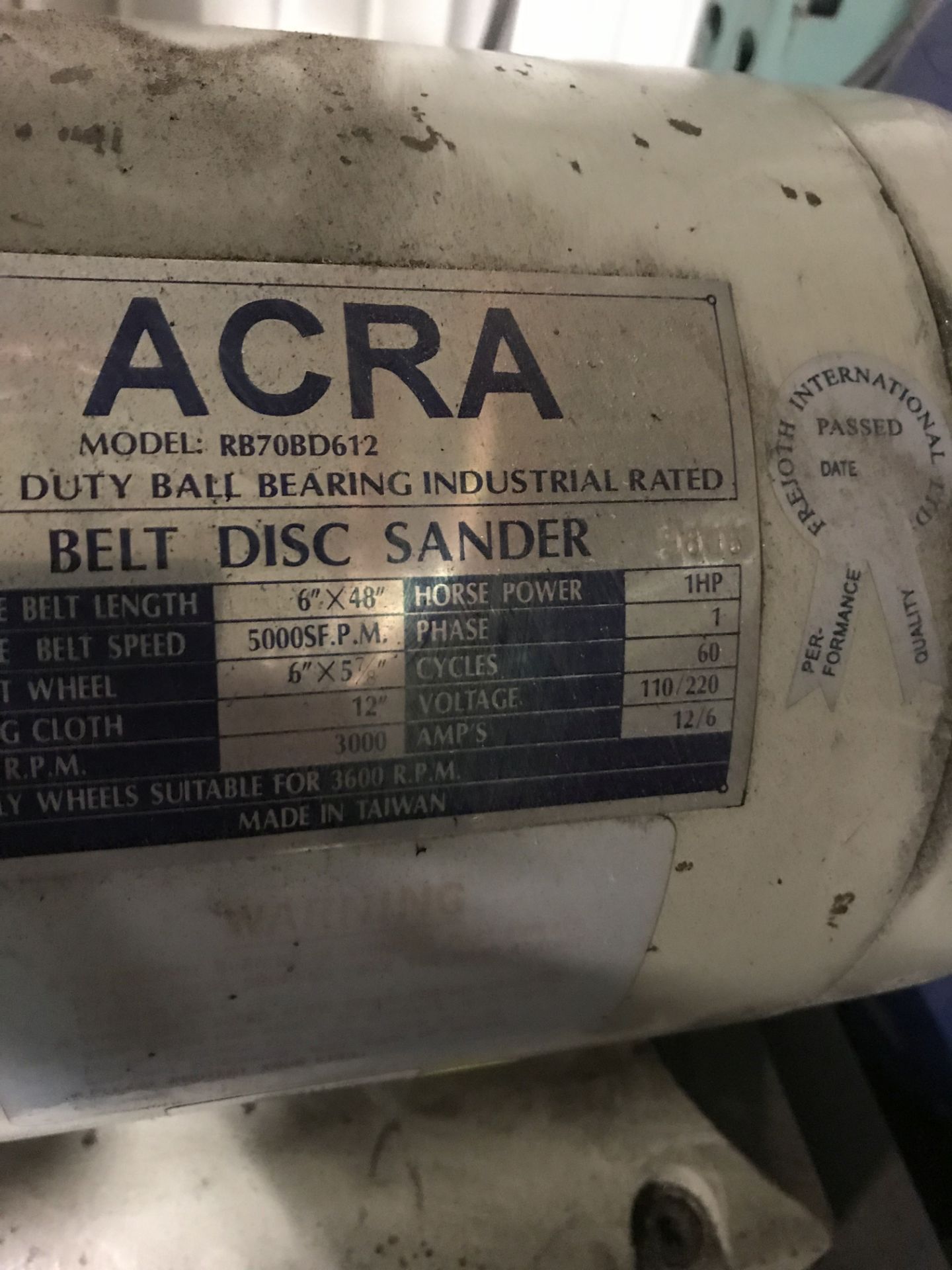 ACRA BELT DISC SANDER, BELT IS 6'' x 48'', 12'' DISC, 110V [LOCATION: BUILDING 2] - Image 5 of 5