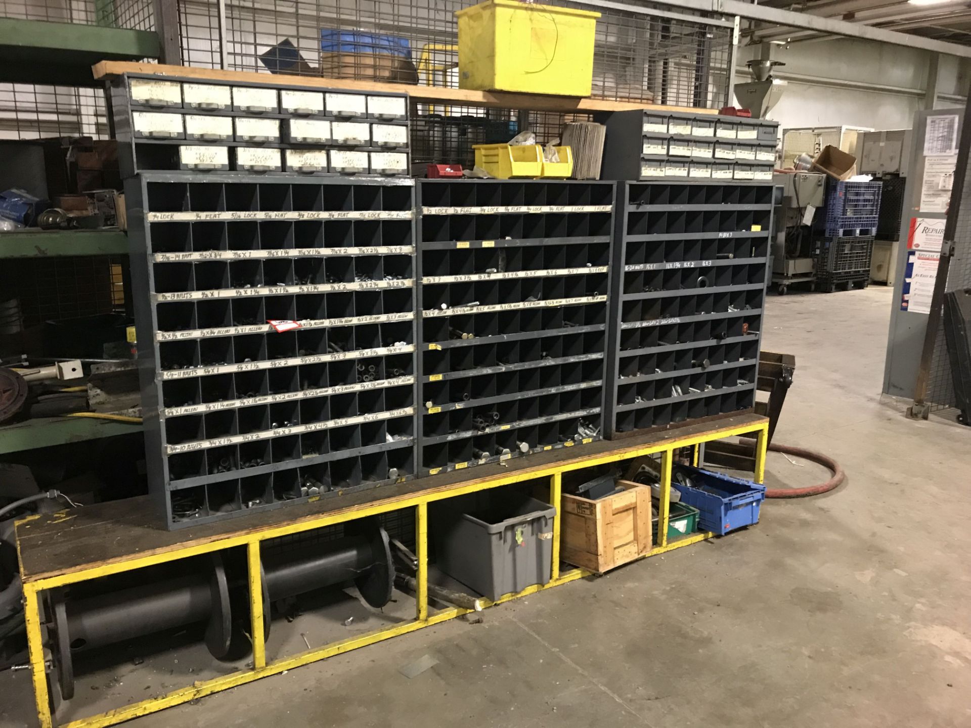 ASSORTED BOLT BINS/STANDS, WITH ASSORTED BOLTS, HEX BOLTS AND MORE [LOCATION: BUILDING 2-MAINTENANCE