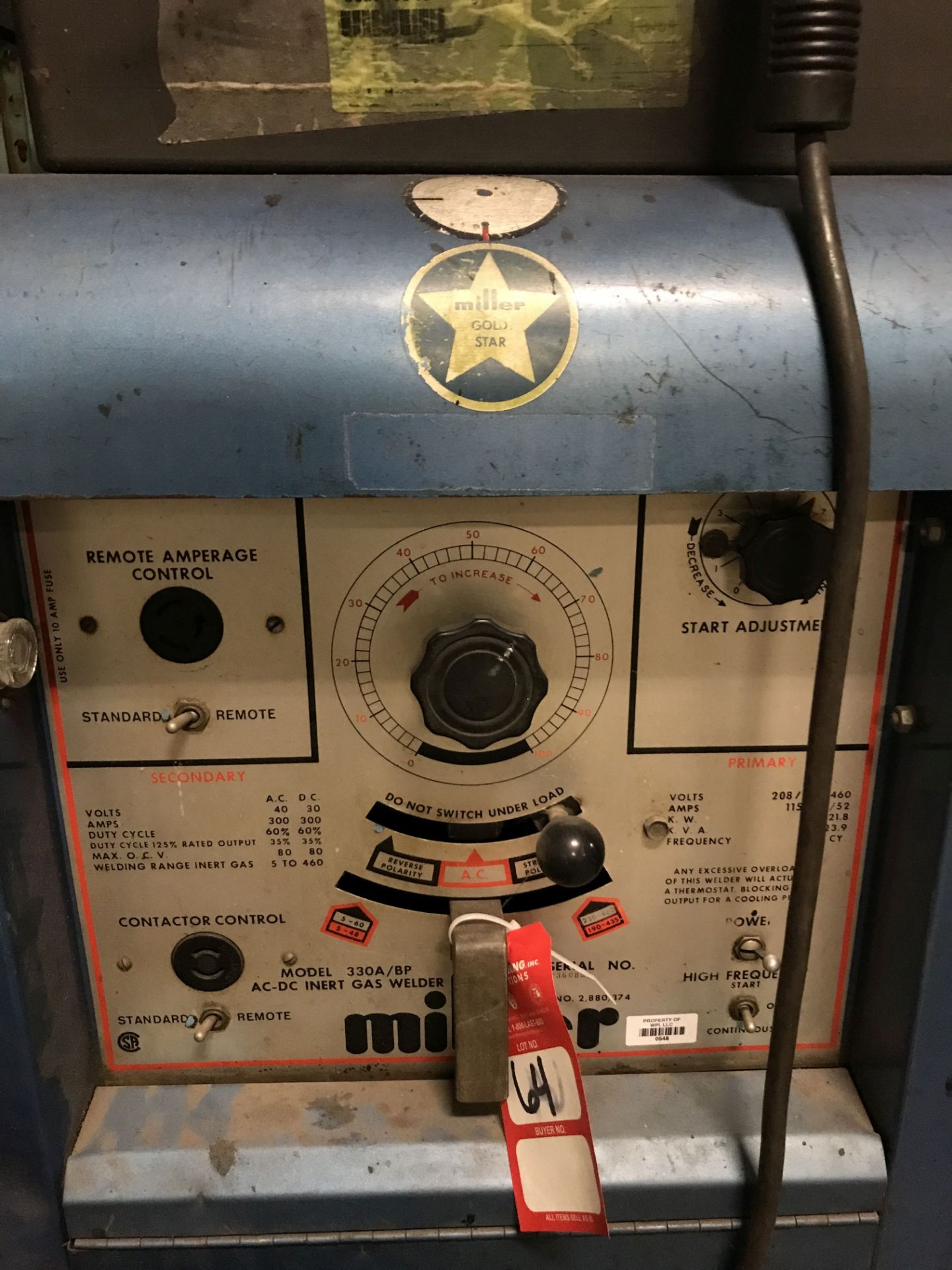 MILLER 330A/BP AC-DC INERT GAS WELDER, S/N P360889 [LOCATION: BUILDING 2] - Image 3 of 4