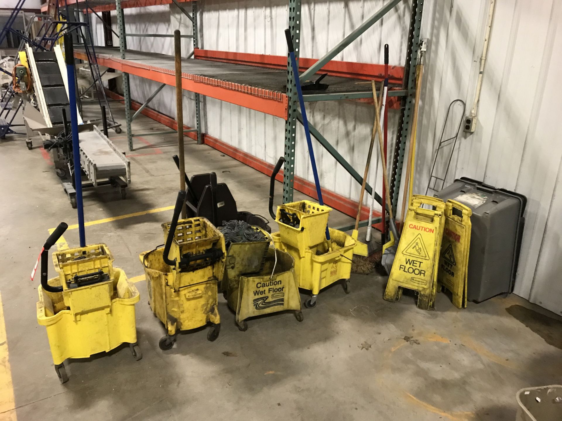 ASSORTED MOP BUCKETS (5), CAUTION SIGNS, BROOMS [LOCATION: BUILDING 1] - Image 2 of 2