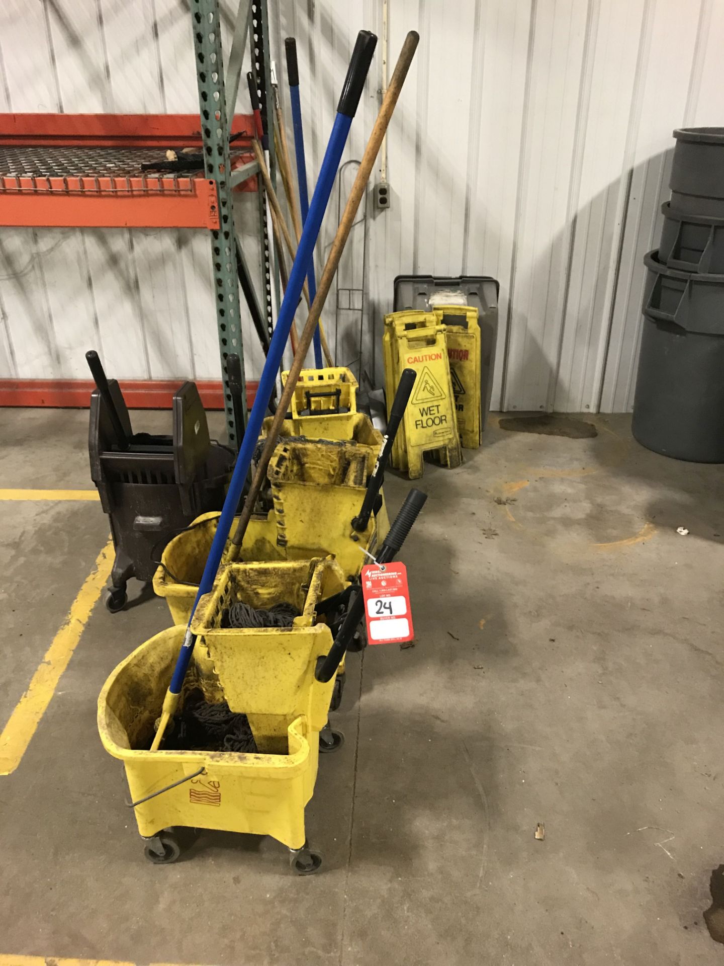 ASSORTED MOP BUCKETS (5), CAUTION SIGNS, BROOMS [LOCATION: BUILDING 1]