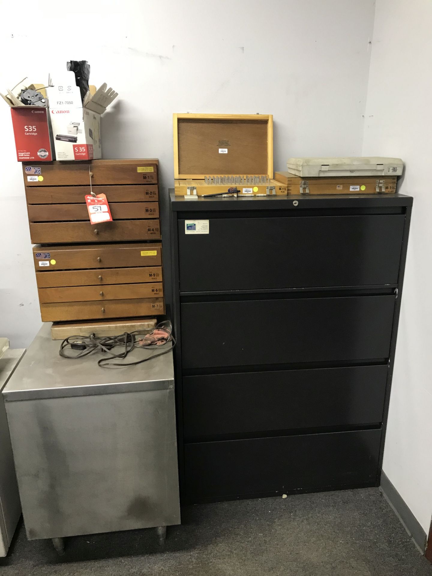 ASSORTED PIN GAUGES, INCLUDES 4-DRAWER CABINETS (2), AND LATERAL FILE CABINET AND METAL STAND [