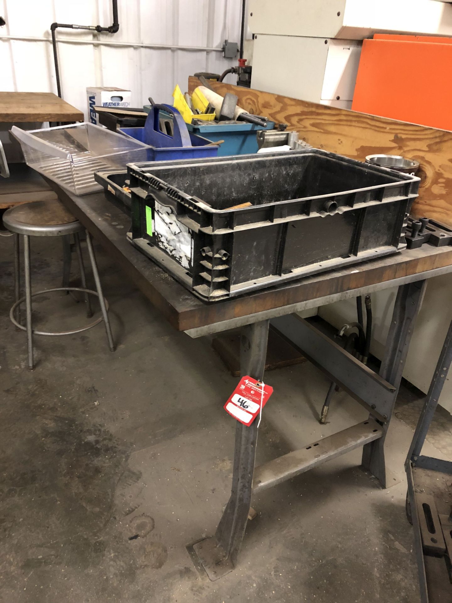 METAL WORK BENCH WITH WOOD TOP, 6' LONG x 3' WIDE x 34'' TALL [CONTENTS ON BENCH NOT INCLUDED] [