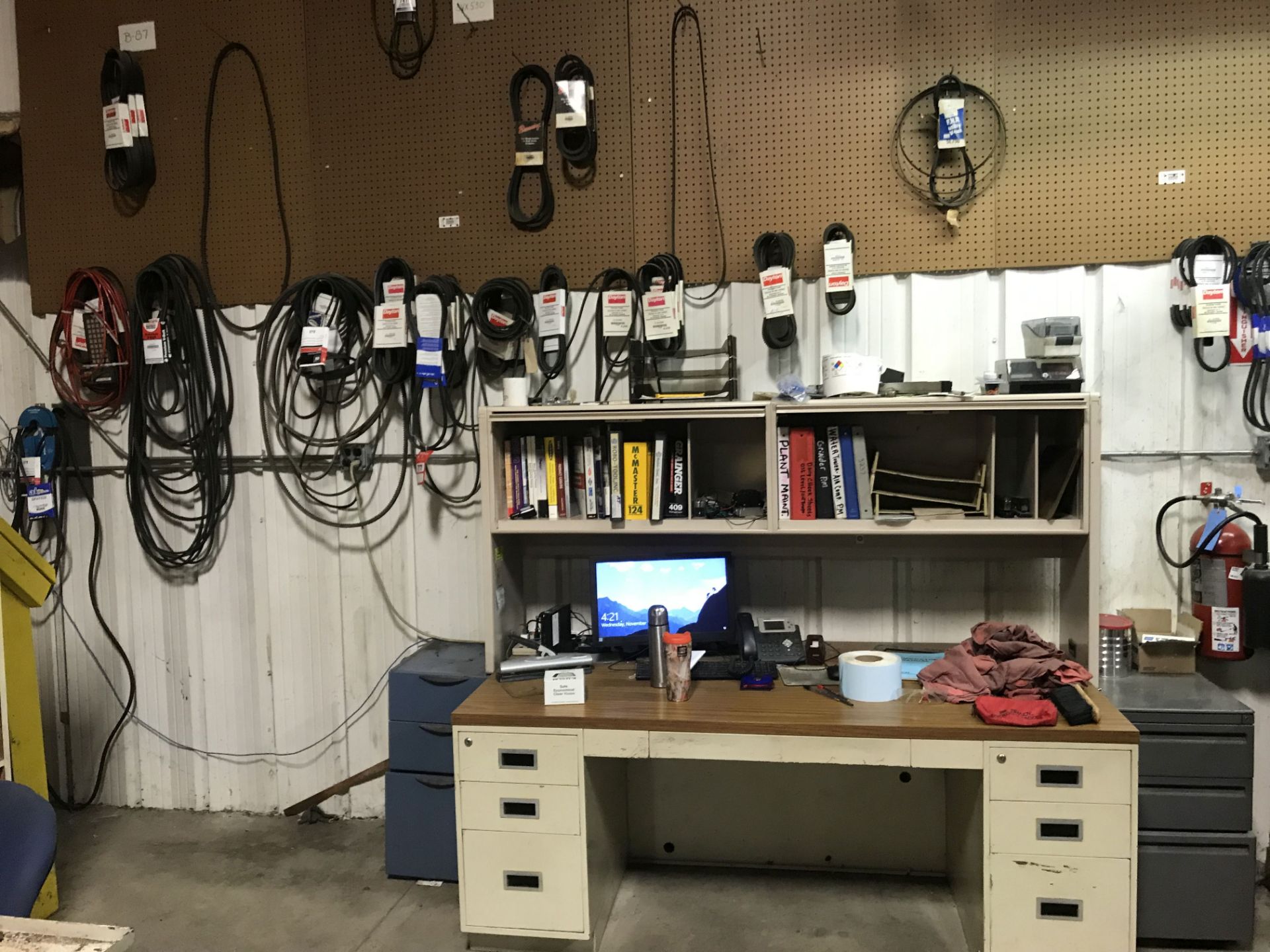 ASSORTED BELTS, DESK, AND 3-DRAWER FILE CABINETS (2) [LOCATION: BUILDING 2- MAINTENANCE ROOM]