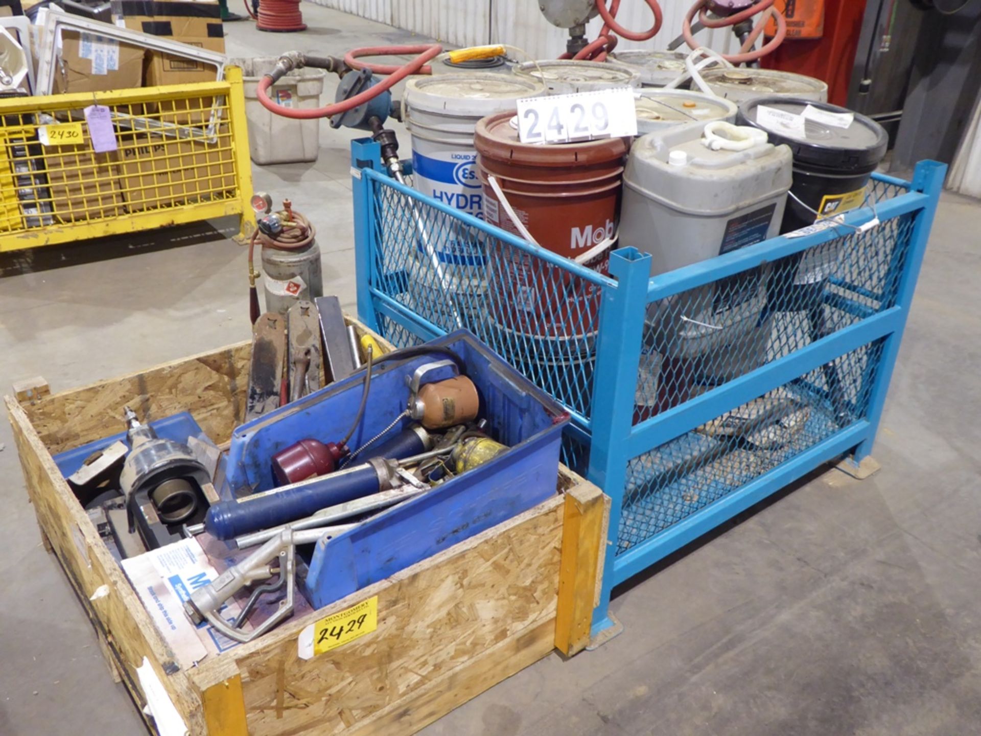 2 CRATES OF OIL, TRANSFER PUMPS, PLUMBERS TORCH, GREASE GUNS & GREASE, LINCOLN ELECTRIC TRANSFER - Image 2 of 3