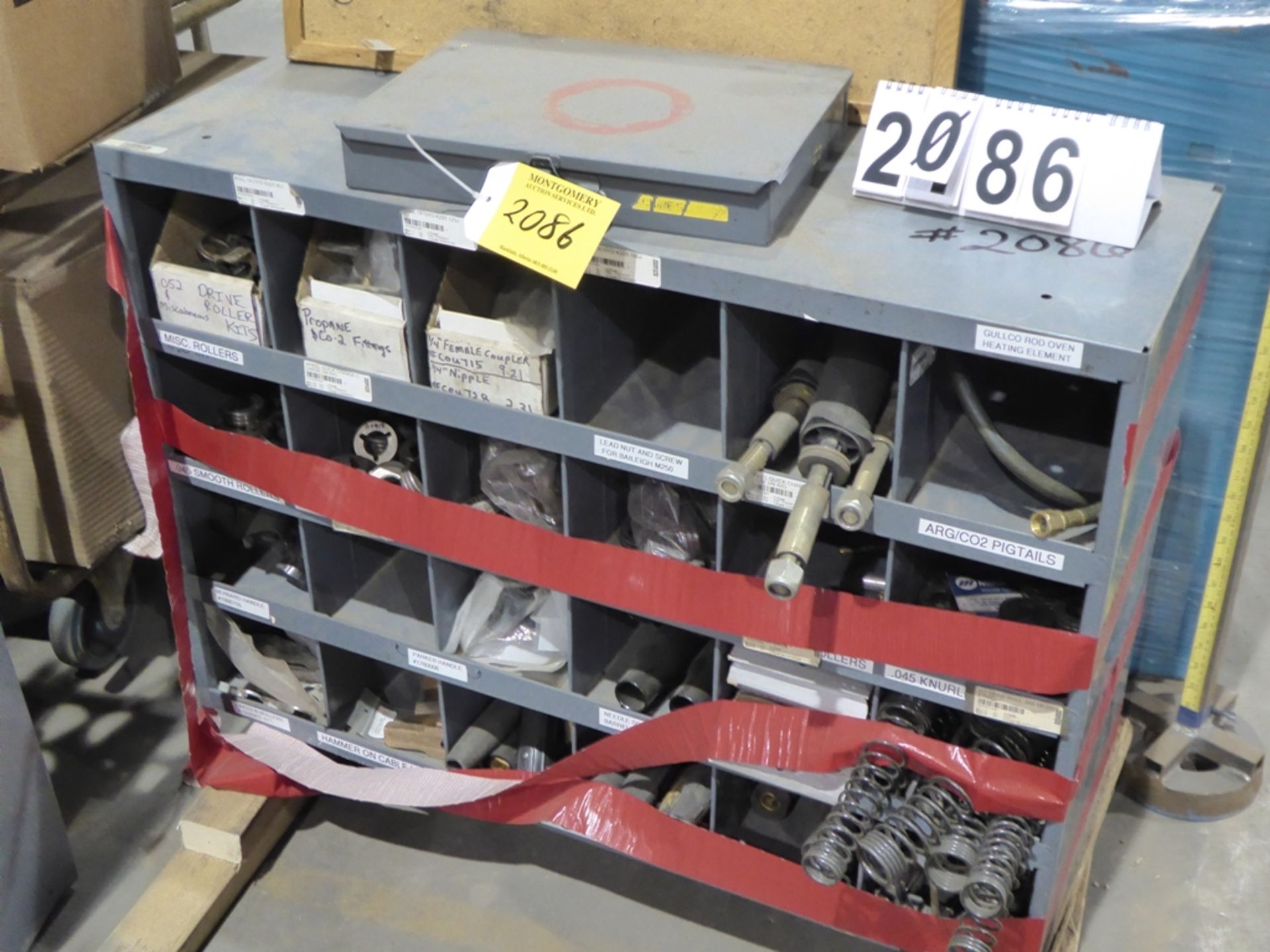 STEEL BOLT BIN W/ BLACK PIPE ELBOWS & FITTINGS HARDWARE CABINETS & CONTENTS, MIG WELDER PARTS - Image 2 of 3