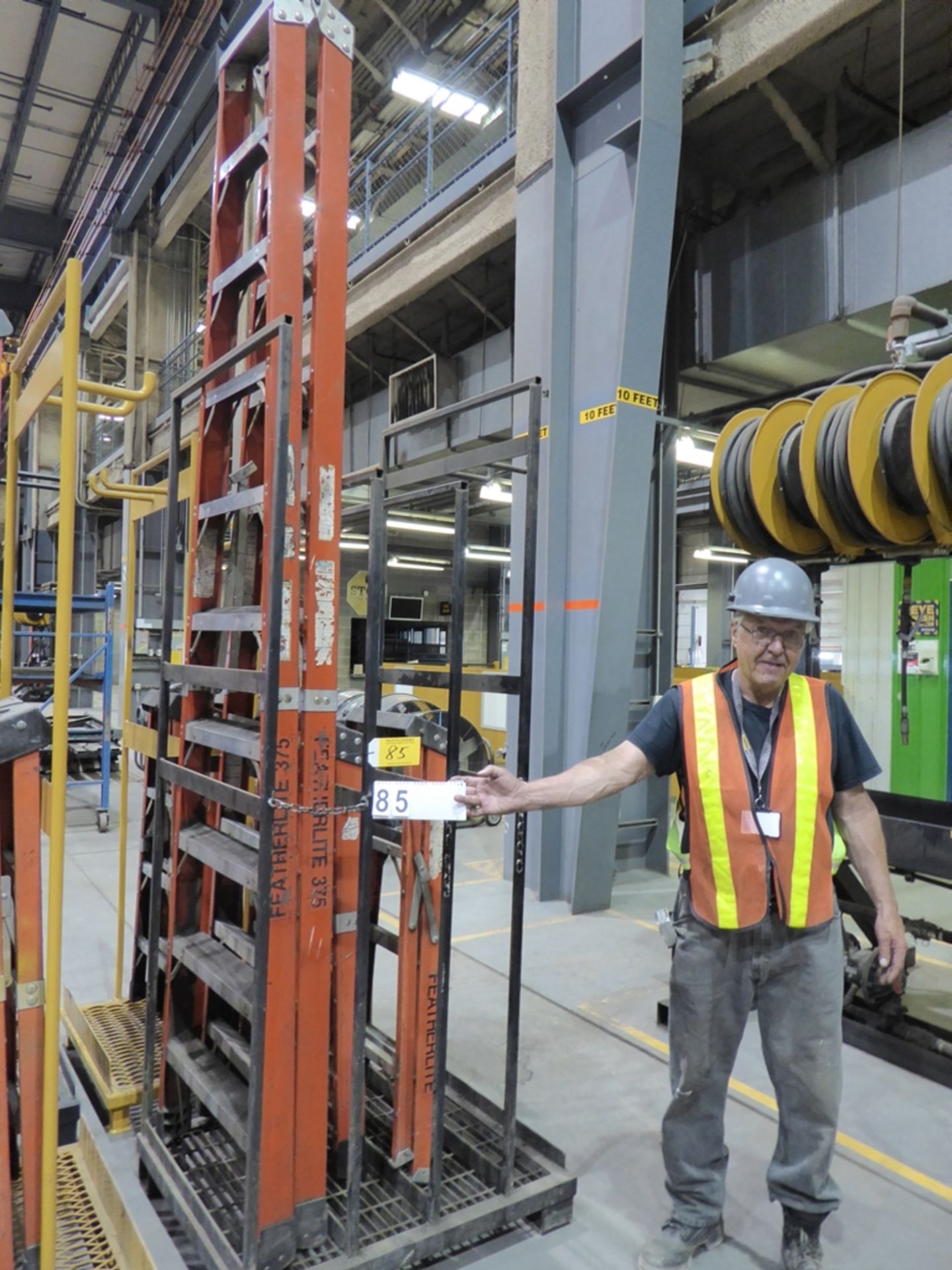 LADDER STORAGE RACK W/ 3 FIBERGLASS LADDERS