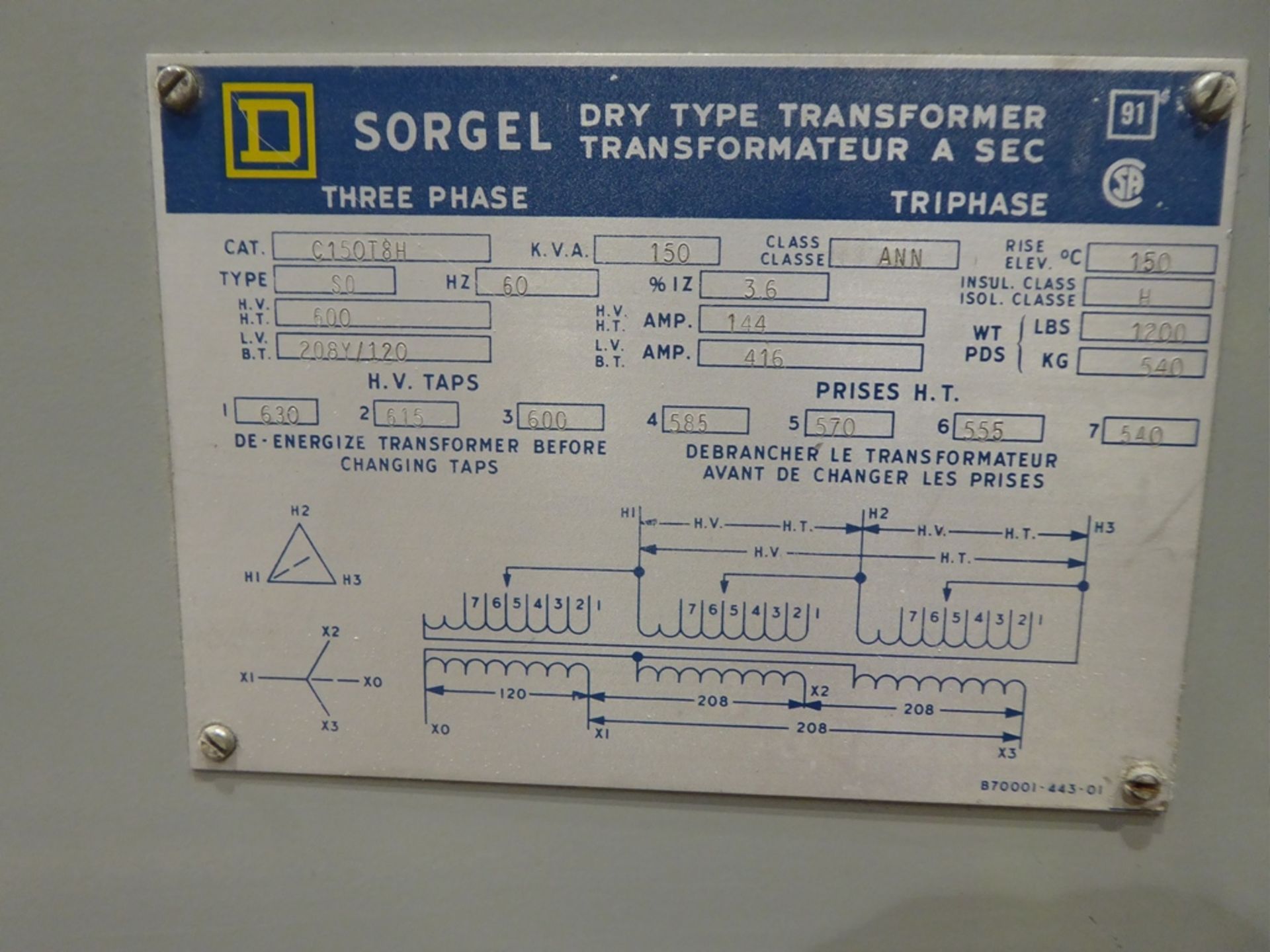 SQUARE D SORGEL DRY TYPE TRANSFORMER 150KVA 600V 208/120V - Image 2 of 2