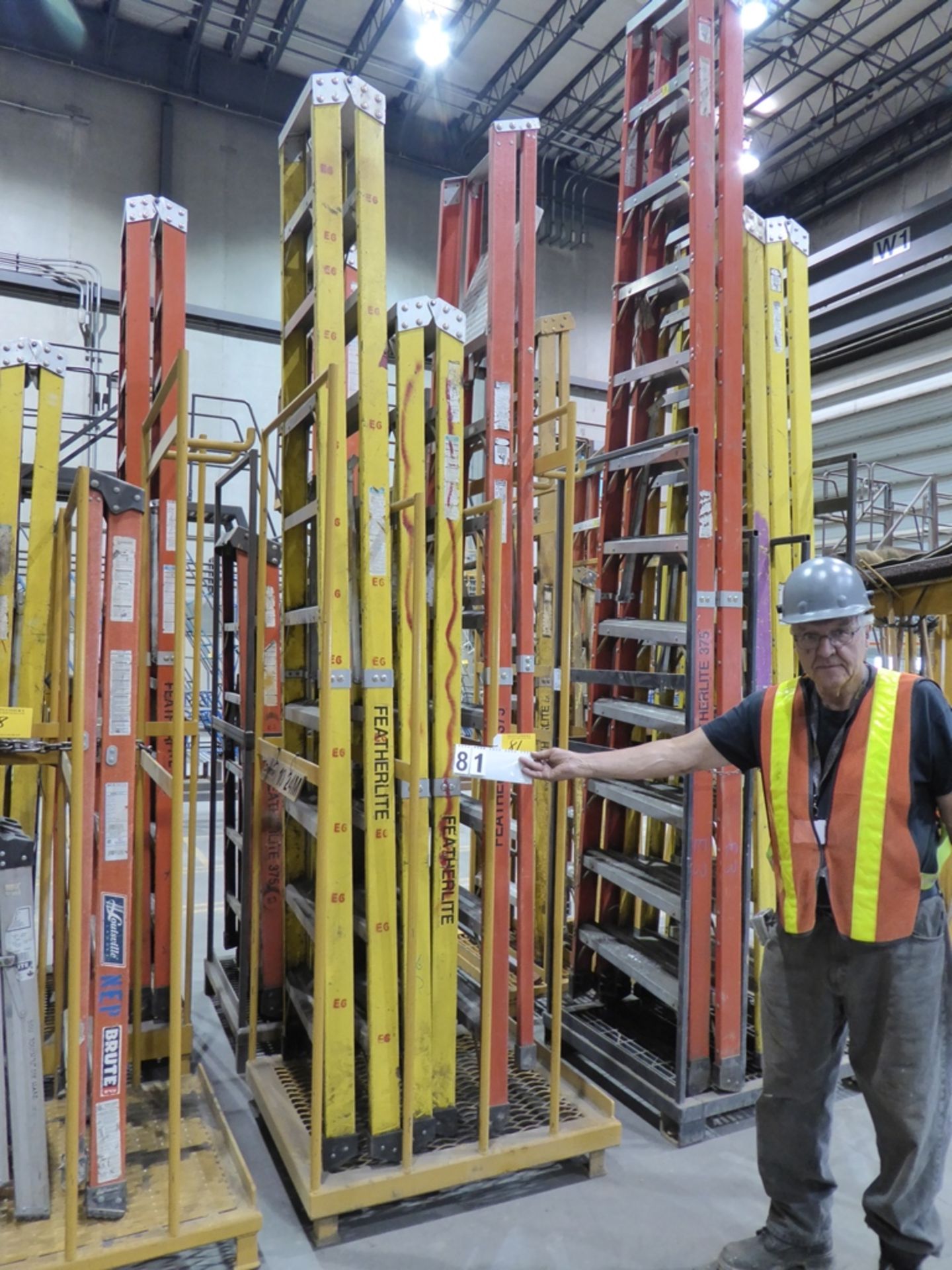 LADDER STORAGE RACK W/ 3 FIBERGLASS LADDERS