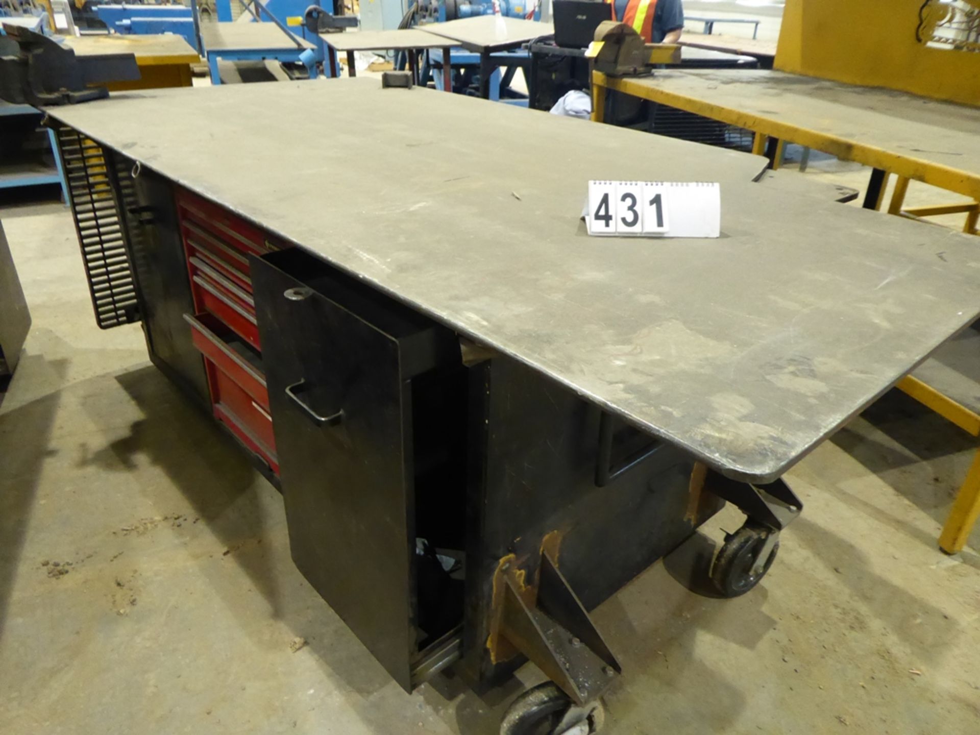 3'X7' STEEL WORK TABLE W/ CUTTING EXTENSIONS, TOOL BOXES, UNDER STORAGE, RECORD #6 VISE