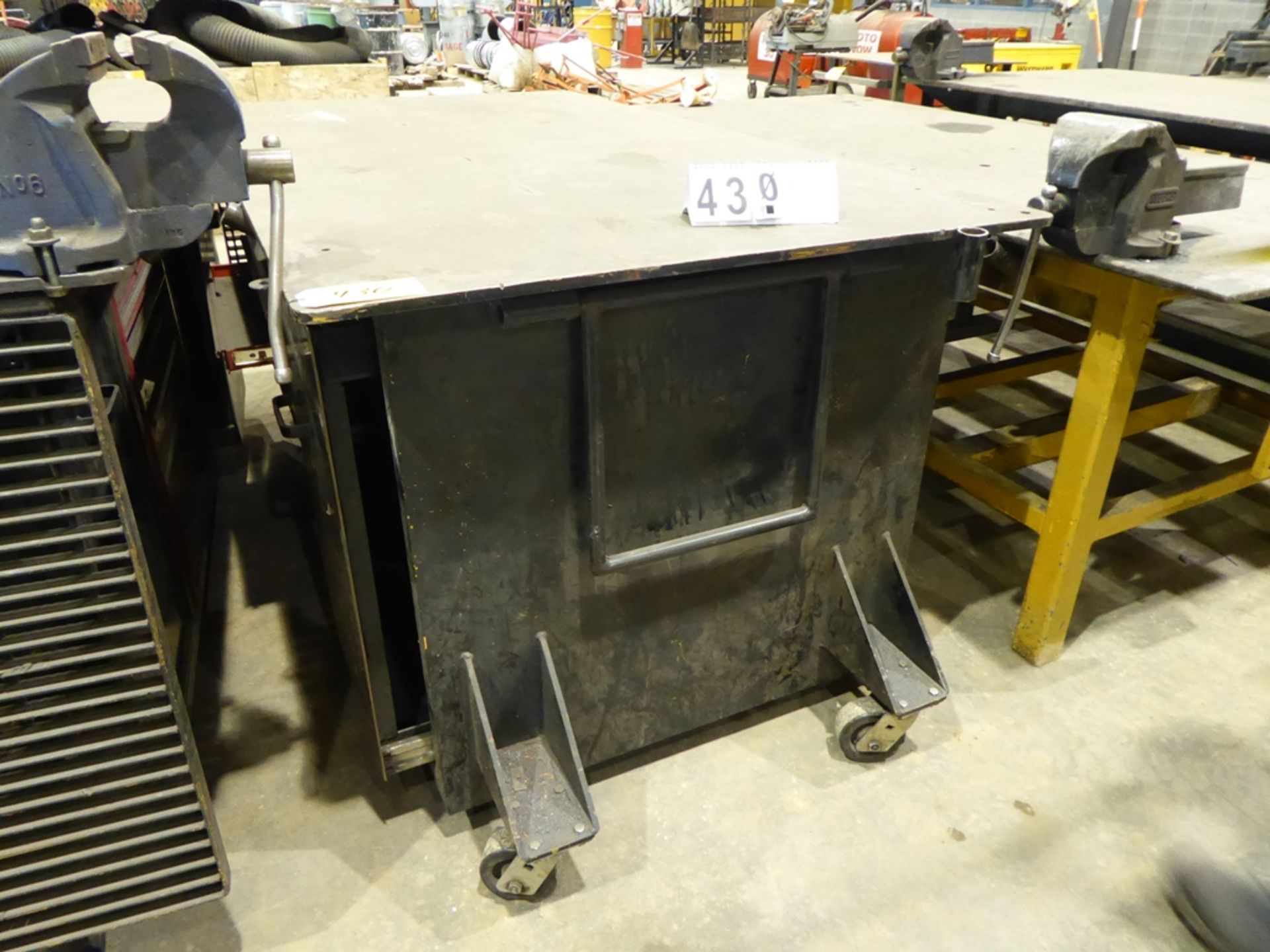 3'X7' STEEL WORK TABLE W/ CUTTING EXTENSIONS, TOOL BOXES, UNDER STORAGE