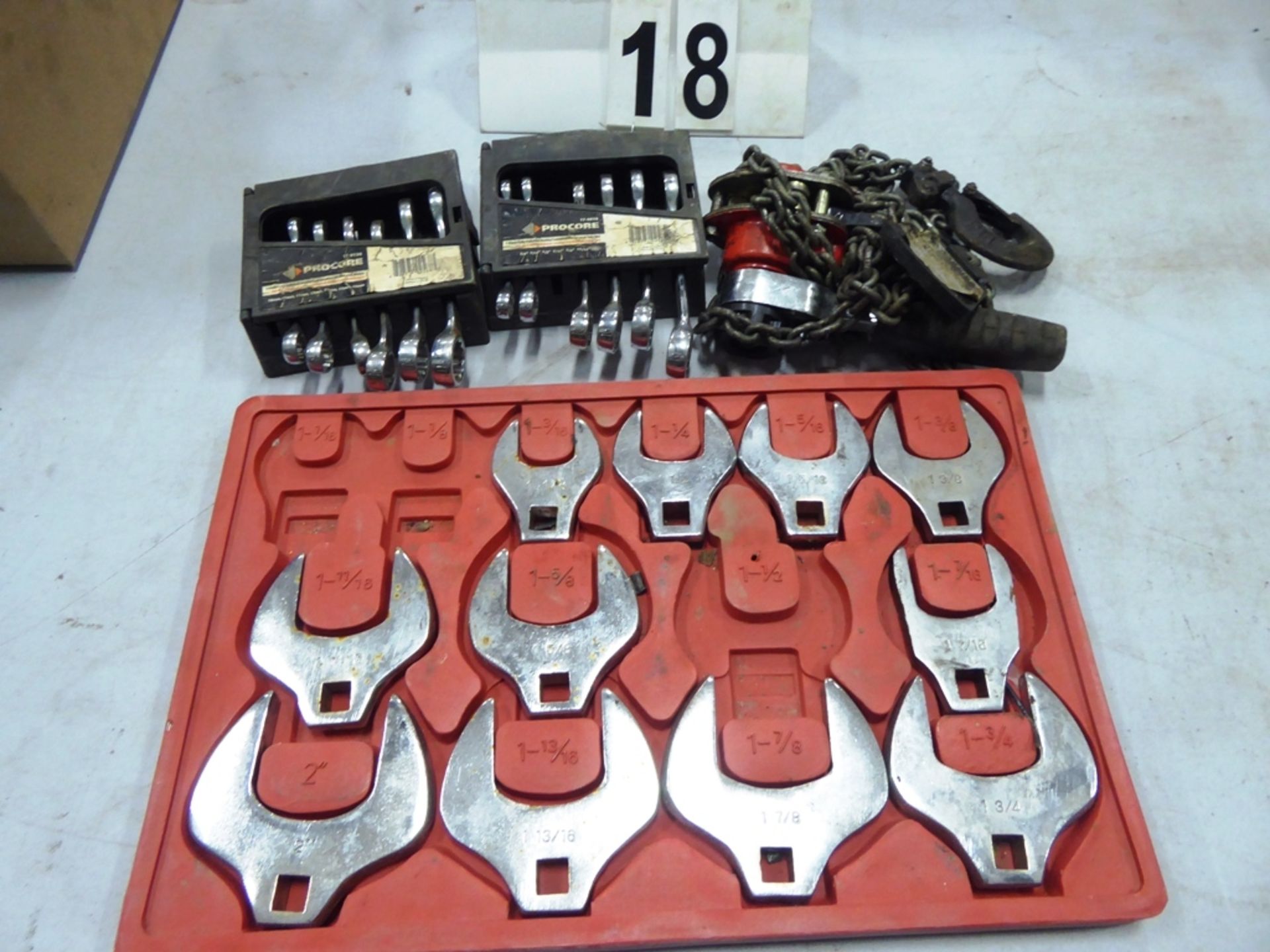 2-PROCORE STUBBY COMBINATION WRENCH SETS, SERIES 602 CHAIN LEVER HOIST, CROW FOOT WRENCH SET