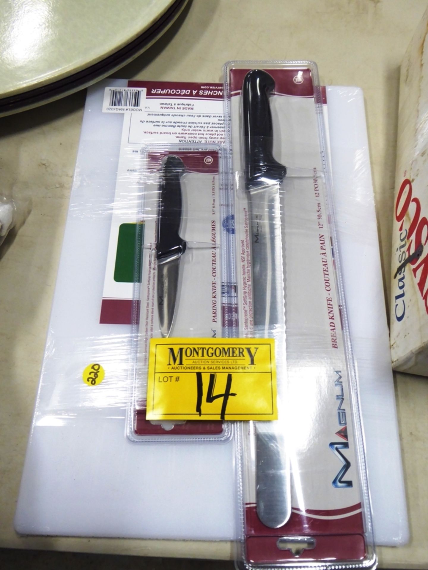 L/O (NEW) MAGNUM 12" BREAD KNIFE, PARING KNIFE, POLY CUTTING BOARD