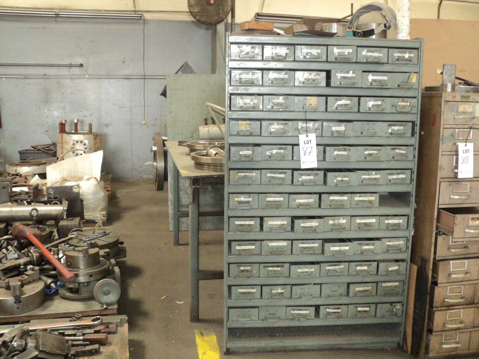 METAL PART BIN CABINET WITH CONTENTS, INCLUDING: HEX NUTS, SCREWS, BOLTS, LOCK WASHERS