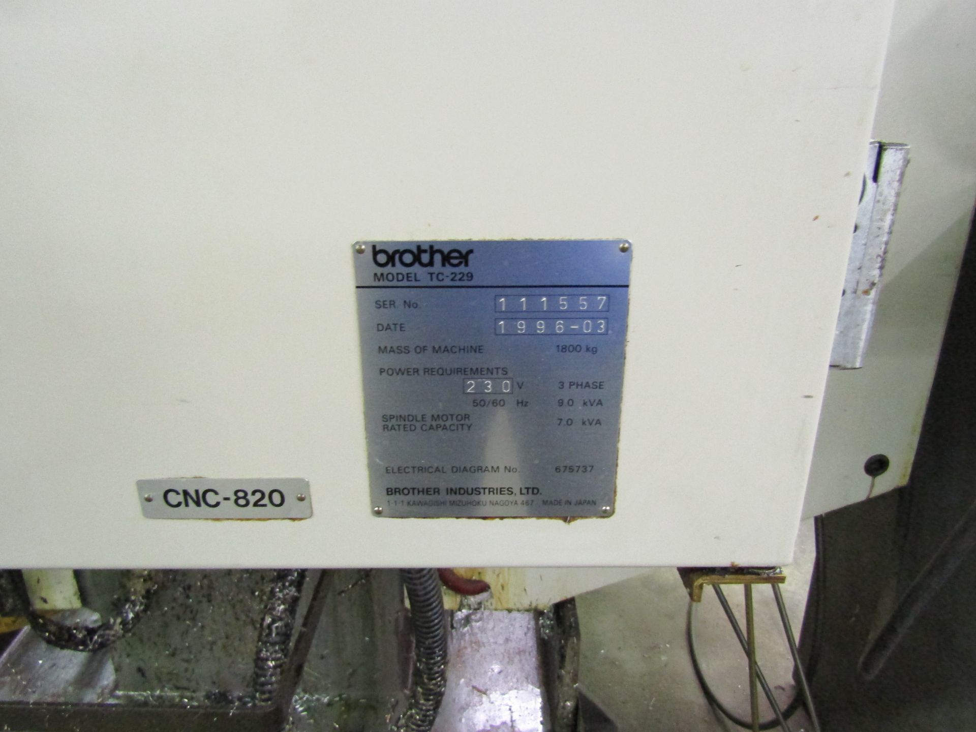 1996 BROTHER TC229 DRILL & TAPPING CNC CENTER, 10 TOOL ATC, TABLE SIZE 10"x24", BROTHER CNC CONTROL, - Image 6 of 6