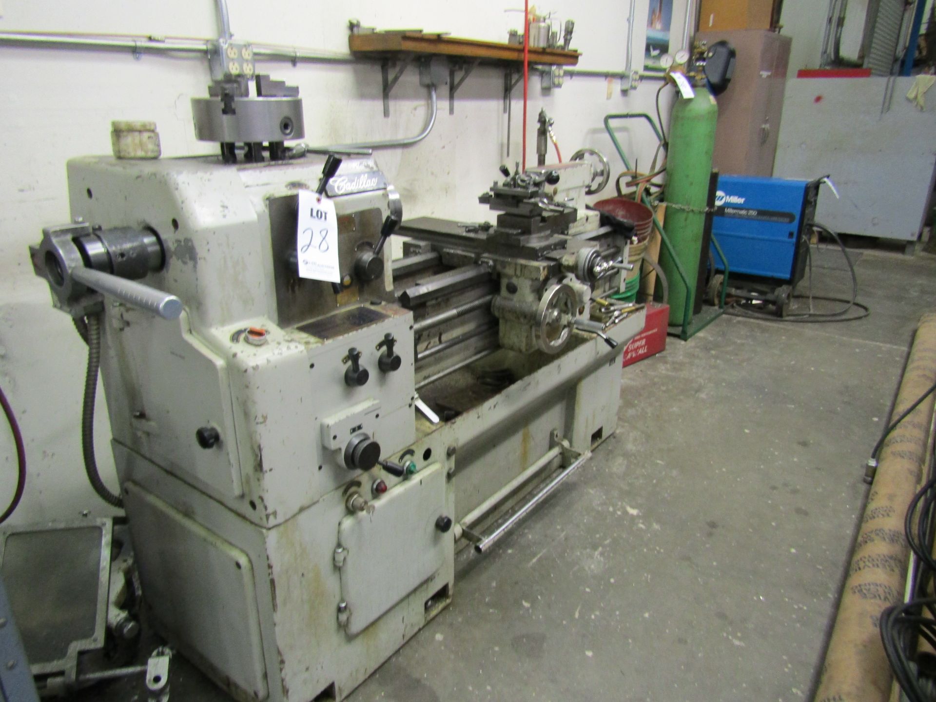 CADILLAC LATHE 14"x28" HARDENED BED WAY, COLLET CLOSER ATTACHEMENT, 6" 3 JAW CHUCK, TAILSTOCK,