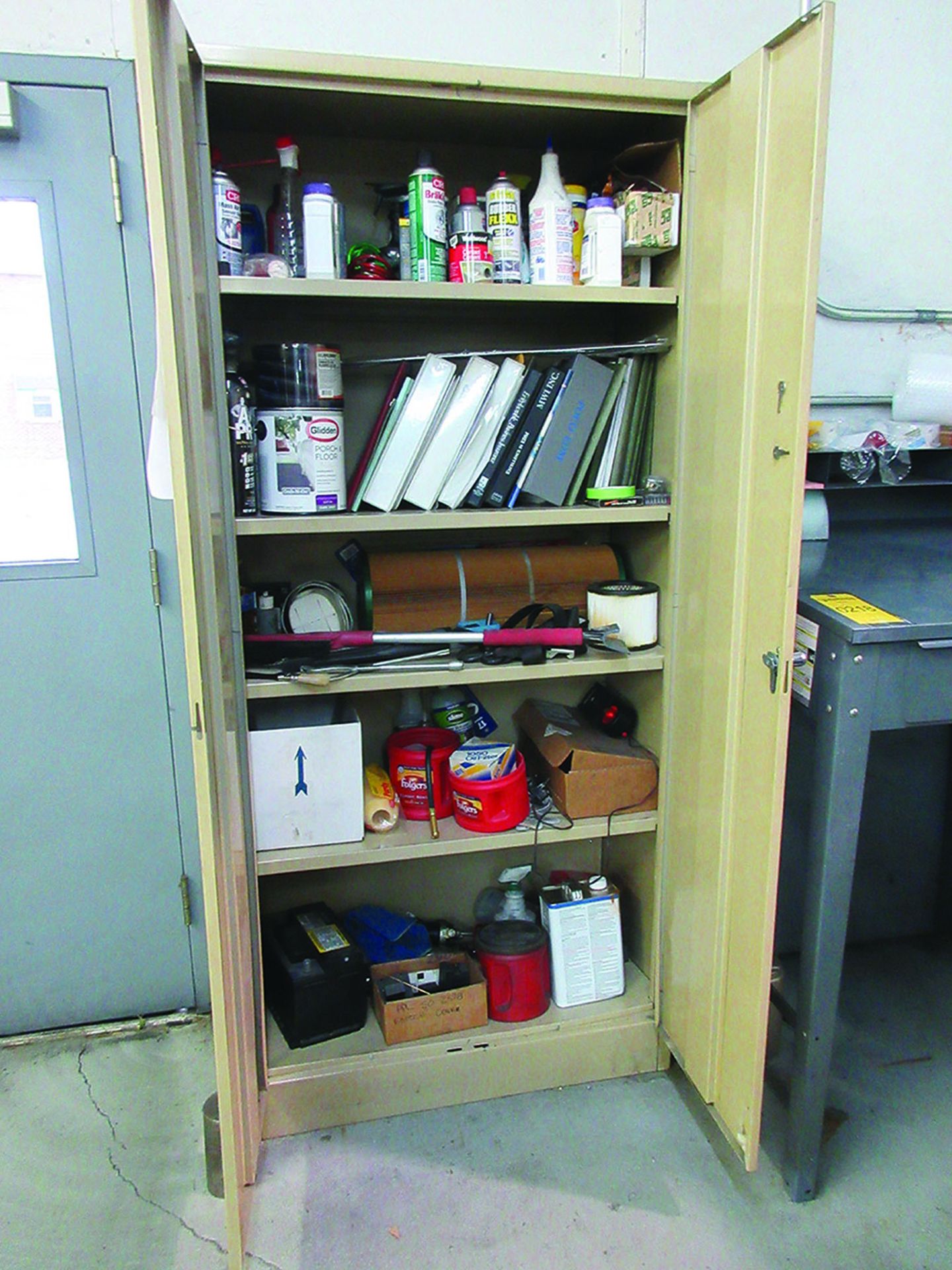 2-DOOR CABINET WITH CONTENTS; GREASE GUNS & FILTERS (NO MANUALS) - Image 2 of 2