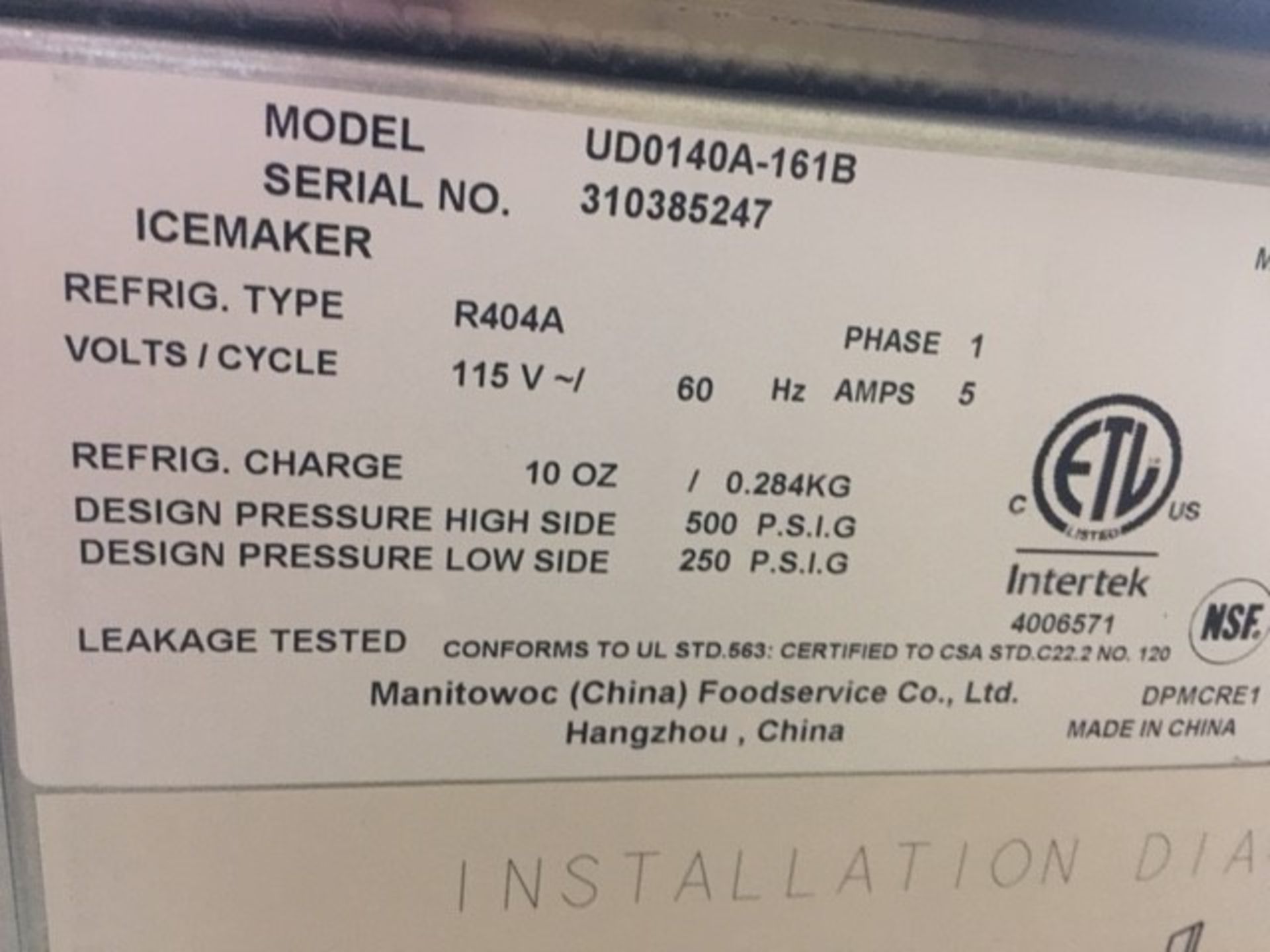 MANITOWOC ICE MAKER; MODEL UD0140A-161B, S/N 310385247, 1-PHASE, 5-AMPS, 60-HZ - Image 2 of 2