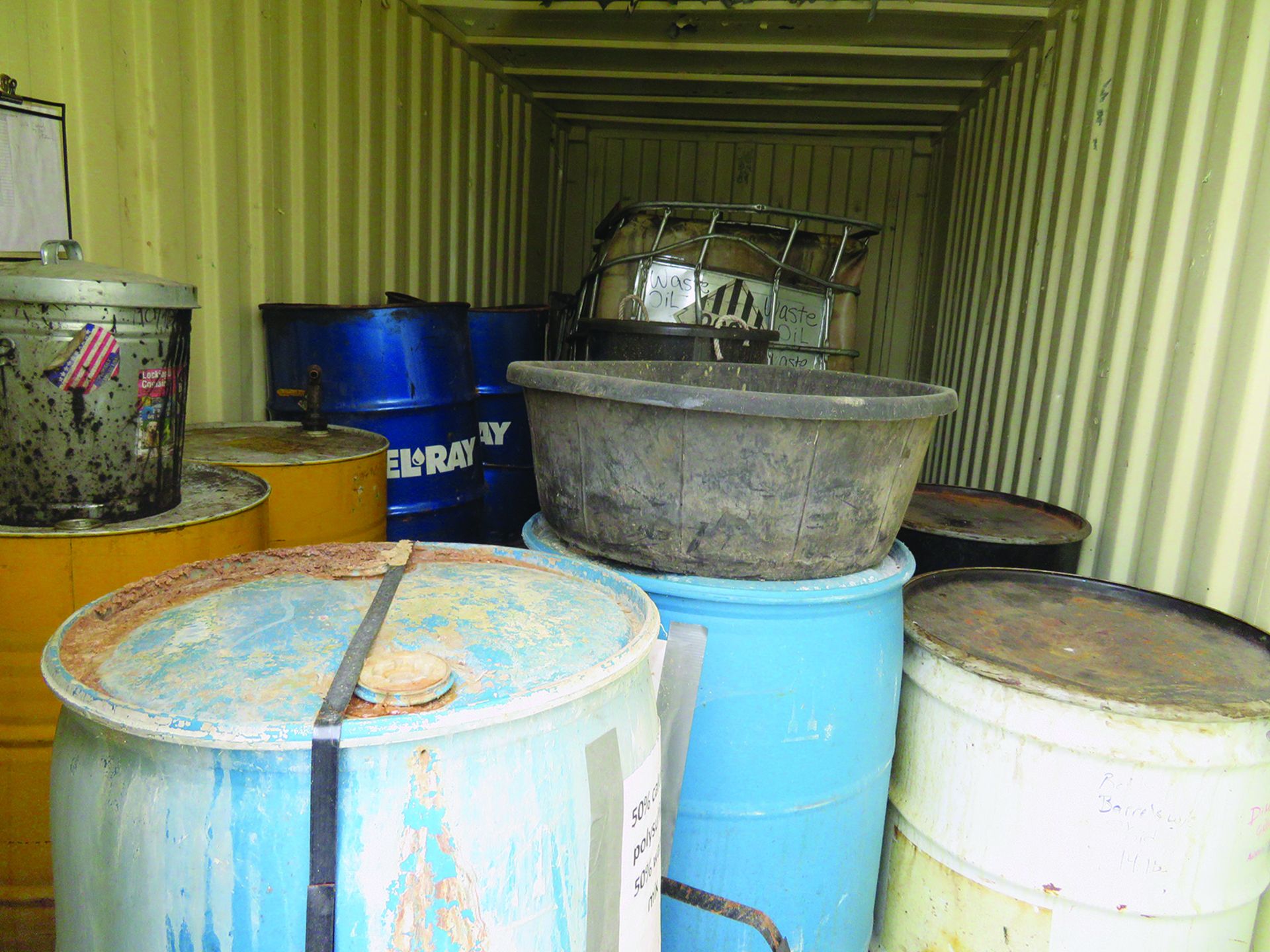 LOT: CONTENTS OF STORAGE CONTAINER INCLUDING ASSORTED OIL & FLUIDS