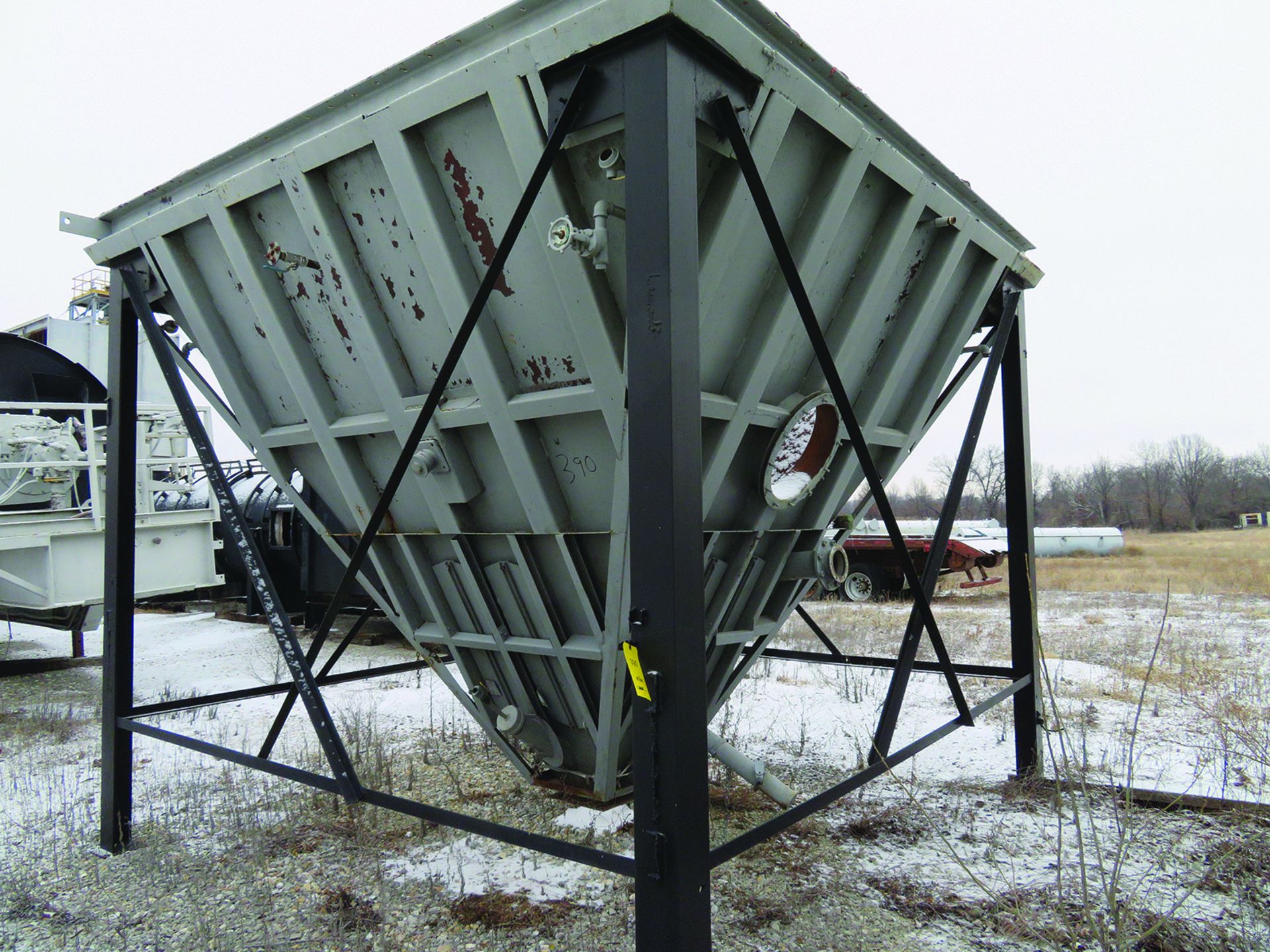 10 FT. X 10 FT. (EST.) STEEL HOPPER WITH STAND & OUTFLOW GATES