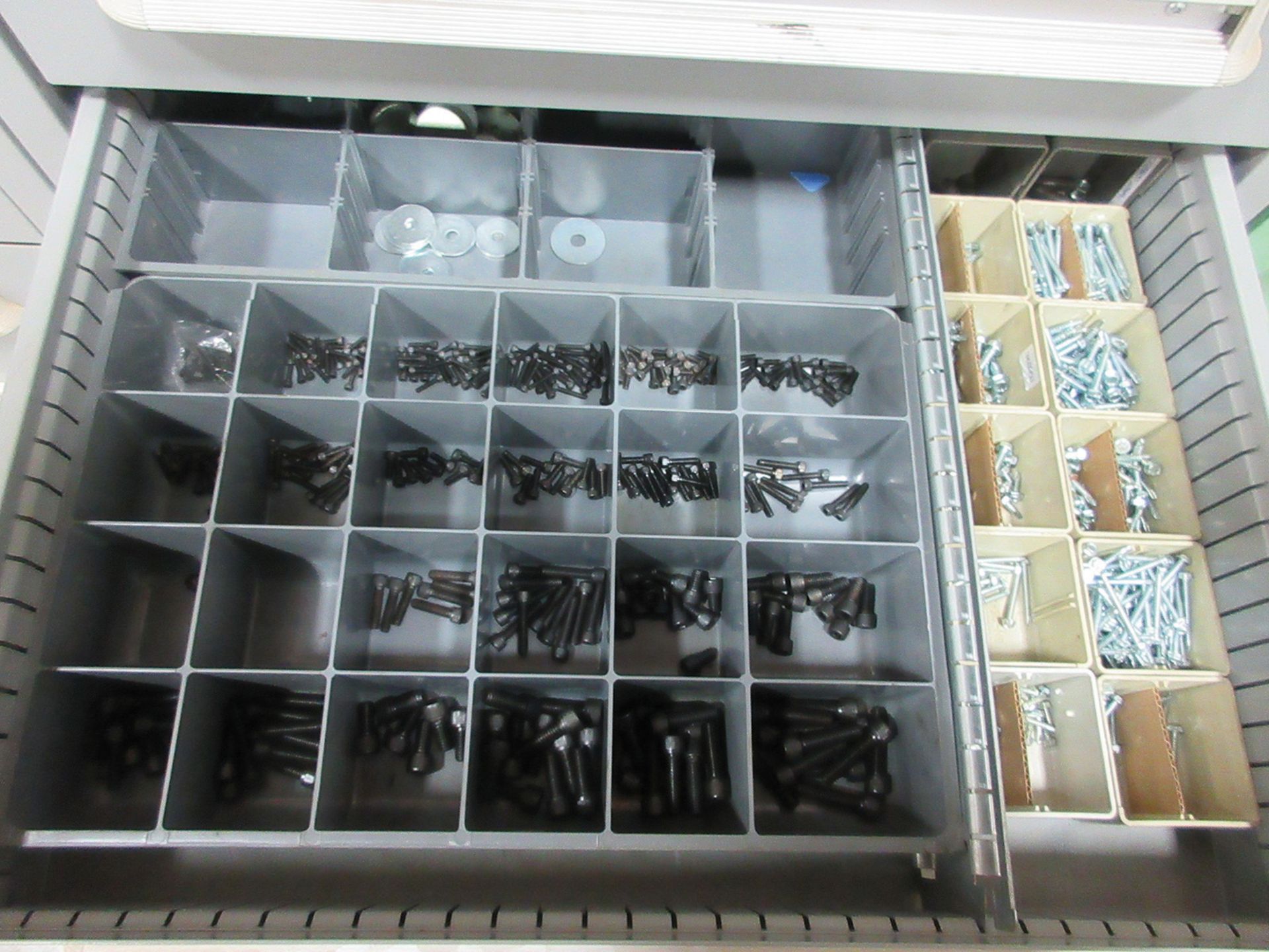 LYON 9-DRAWER CABINET WITH CONTENTS; POP RIVETS, SPRING NUTS, SET SCREWS, NUTS, WASHERS, AND - Image 3 of 4