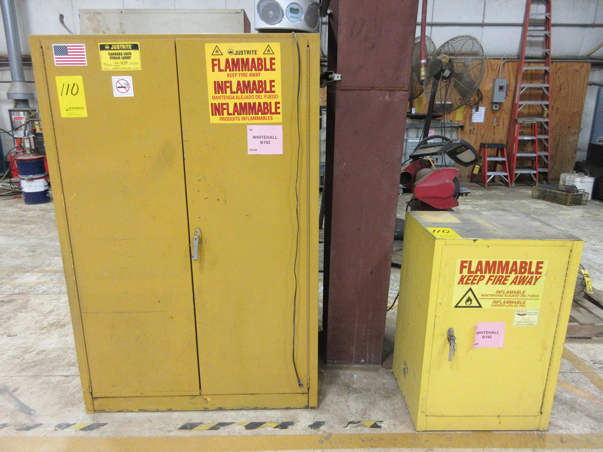 (2) FLAMMABLE STORAGE CABINETS, (2) OTHER CABINETS, AND 3' X 6' HD WORKBENCH WITH 6'' BENCH VISE