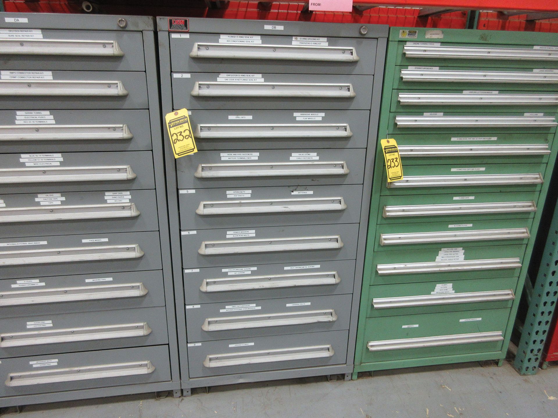 LYON 9-DRAWER CABINET WITH CONTENTS; POP RIVETS, SPRING NUTS, SET SCREWS, NUTS, WASHERS, AND