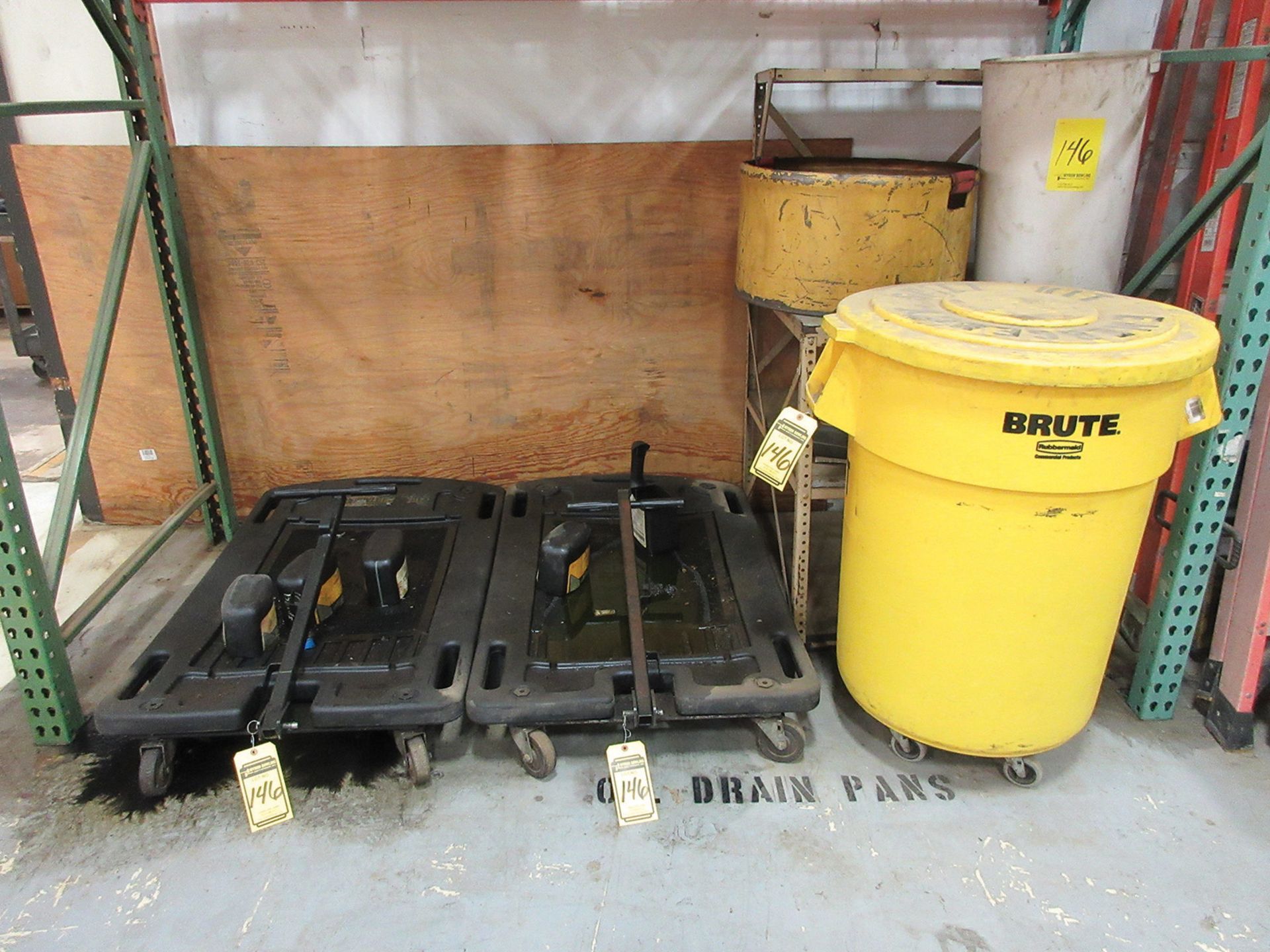 (2) OIL DRAIN PANS, SPILL KIT, AND SHELF UNIT