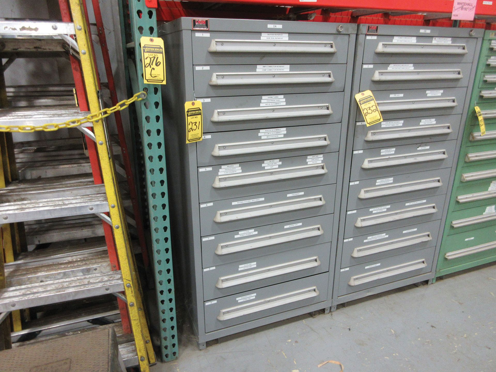 LYON 9-DRAWER CABINET WITH CONTENTS; TERMINALS, SNAP RINGS, CLEVIS PINS, WOODRUFF KEYS