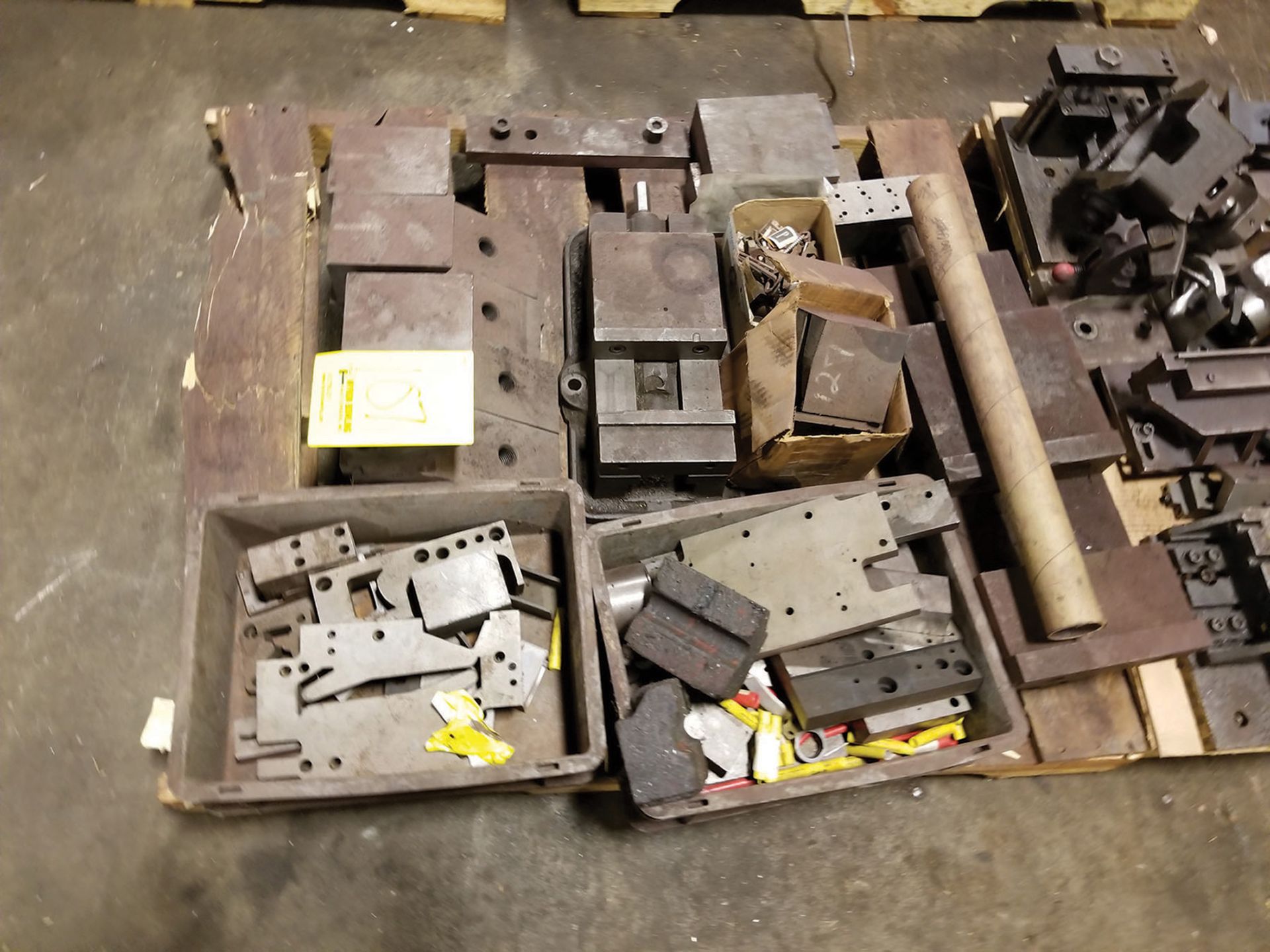 (6) PALLETS AND TUB OF MISC. MACHINING REPLACEMENT PARTS