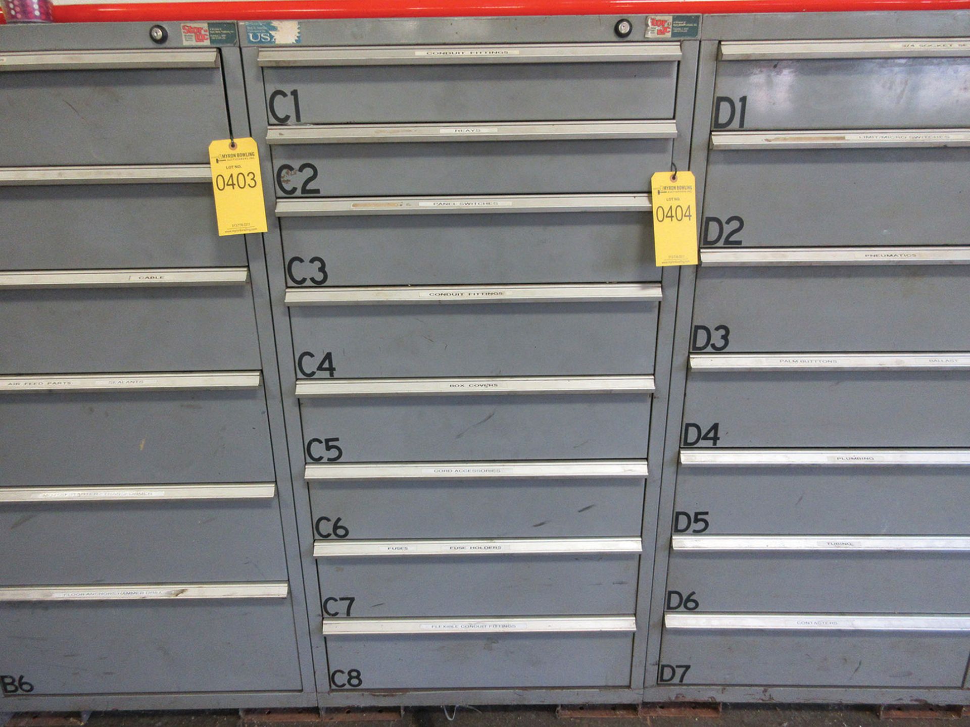 STOR-LOC 8-DRAWER CABINET WITH CONTENTS; RELAYS, SWITCHES, CONDUIT FITTINGS, AND COVERS