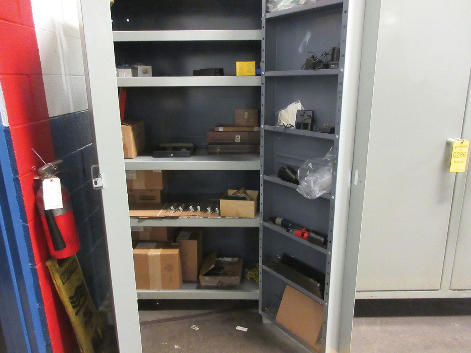 2-DOOR CABINET WITH CONTENTS; TAGS, REGISTER ROLL, PEG BOARD HOOKS, ETC. - Image 2 of 2