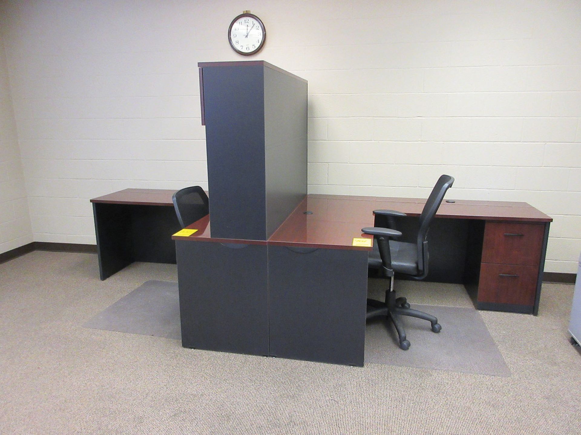 (3) CORNER DESKS, (3) CHAIRS, (1) LATERAL CABINETS, (1) 2-DOOR CABINET, PLANAR MONITOR, AND HP - Image 2 of 4