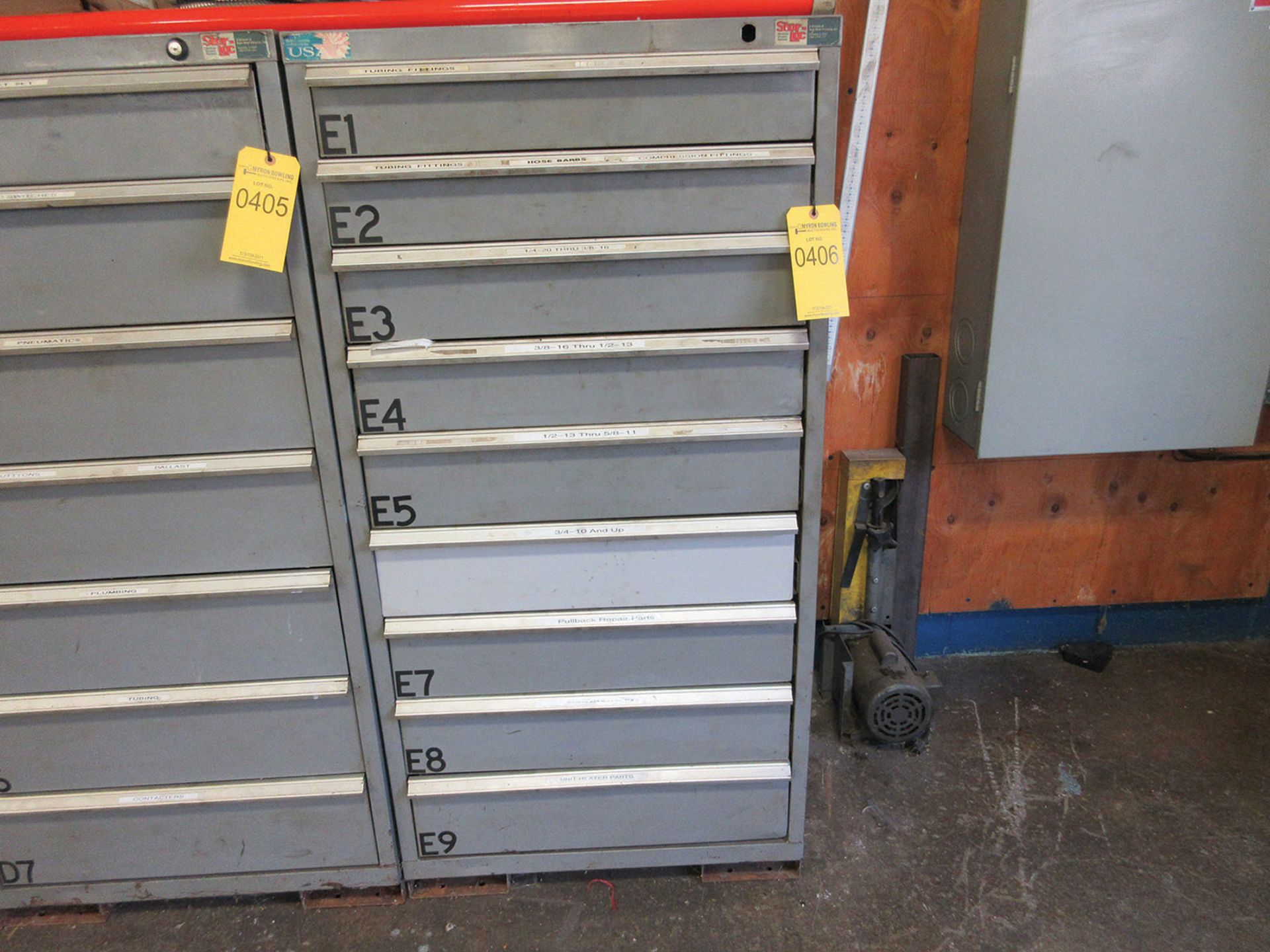 STOR-LOC 9-DRAWER CABINET WITH CONTENTS; TUB FITTINGS, COMPRESSION FITTINGS, AND NUTS & BOLTS