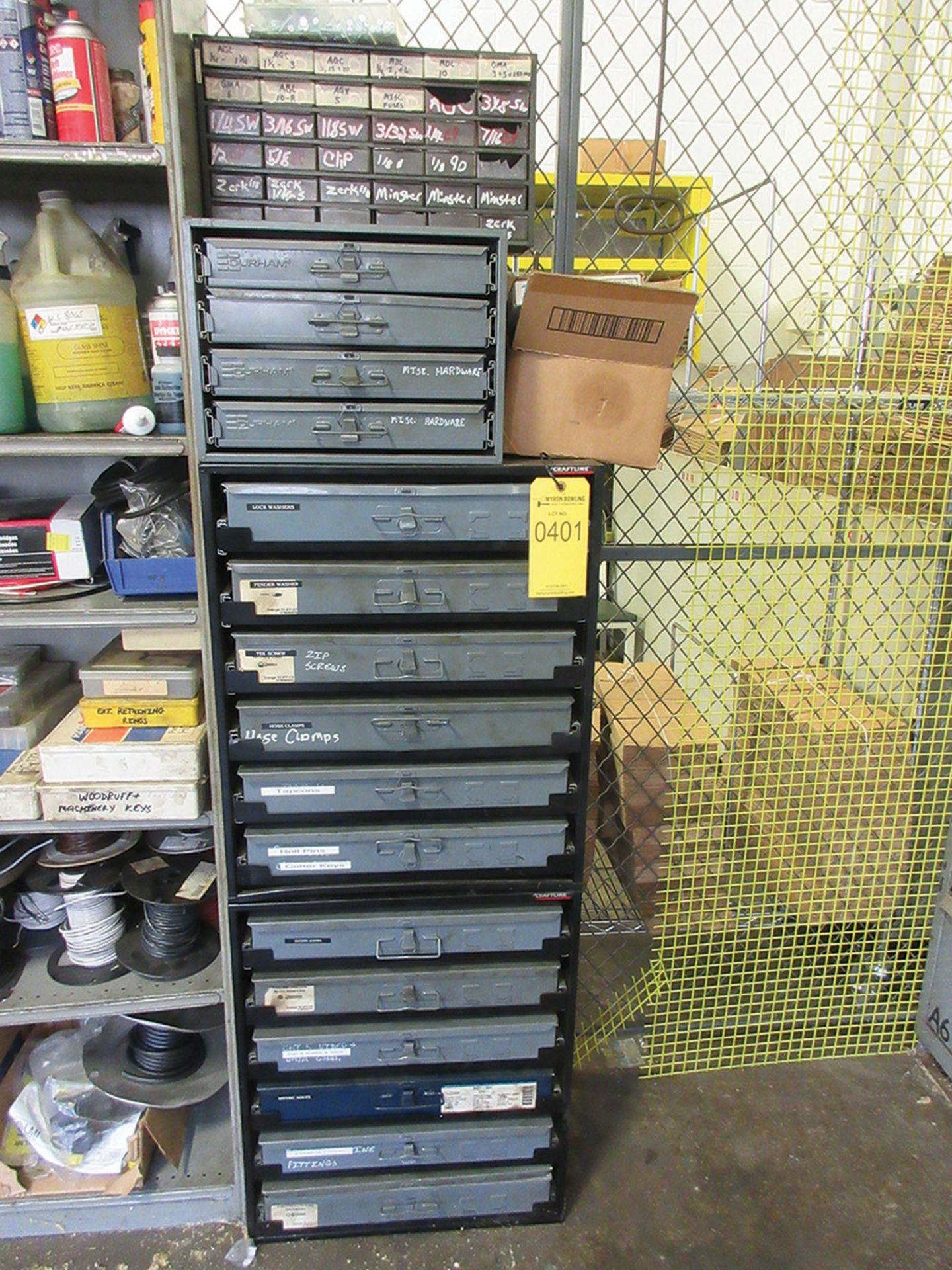 CRAFTLINE PARTS CABINETS AND TOP CABINETS WITH CONTENTS; WASHERS, HOSE CLAMPS, AND GREASE ZERKS