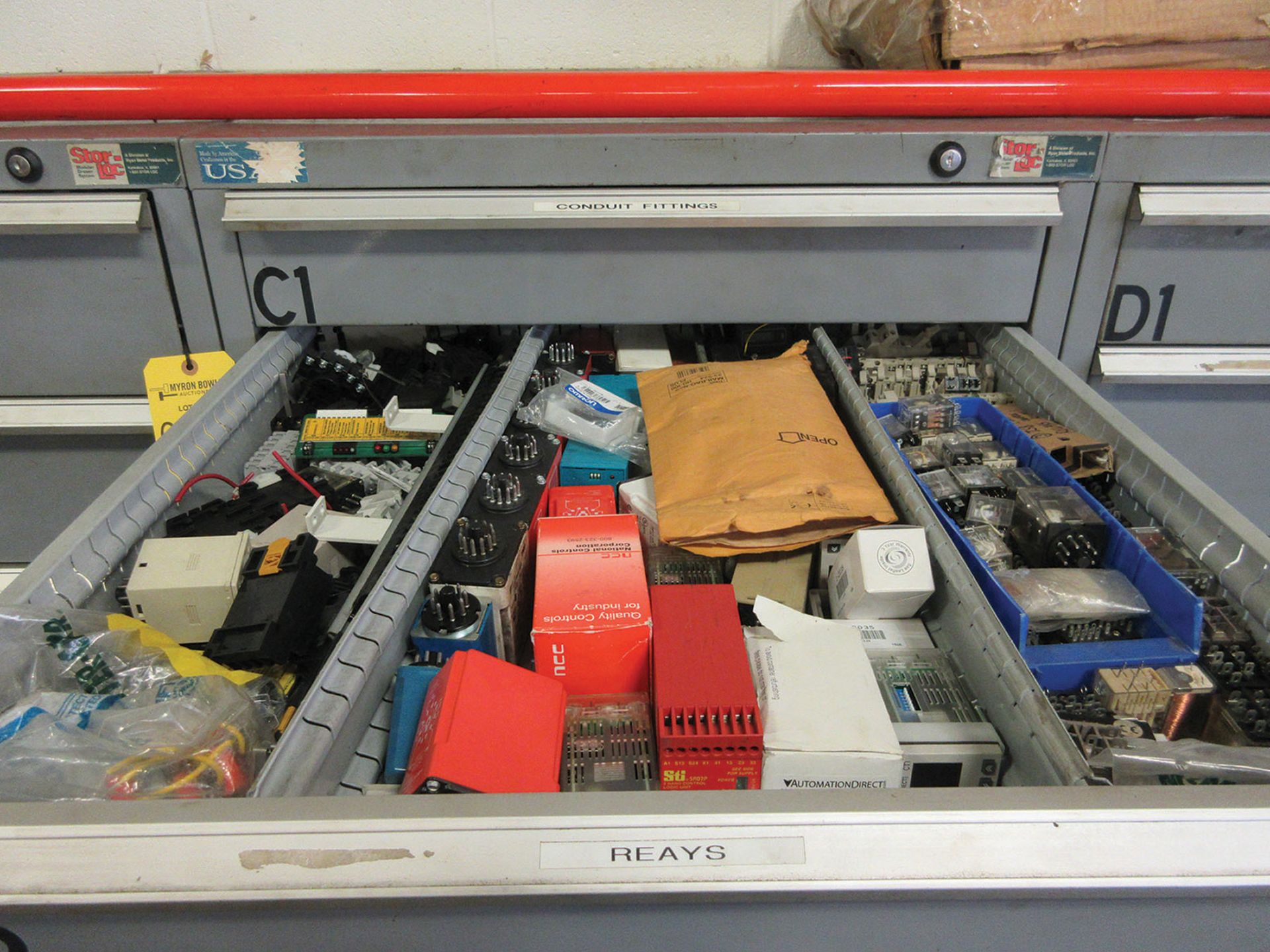 STOR-LOC 8-DRAWER CABINET WITH CONTENTS; RELAYS, SWITCHES, CONDUIT FITTINGS, AND COVERS - Image 2 of 5