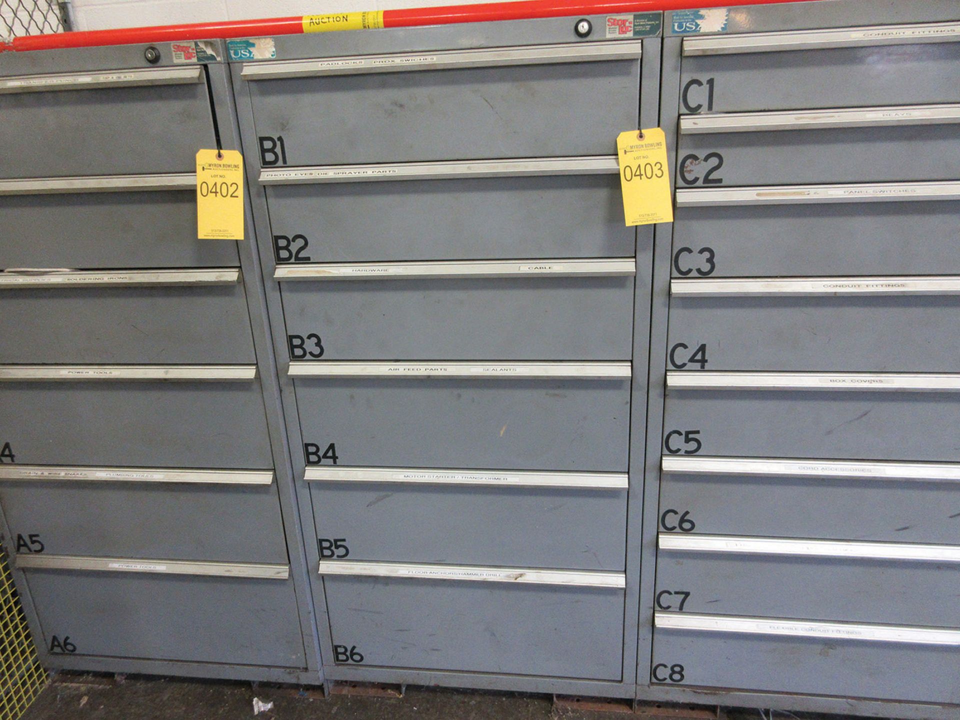 STOR-LOC 6-DRAWER CABINET WITH CONTENTS; SWITCHES, ASSORTED HARDWARE, AND TRANSFORMERS