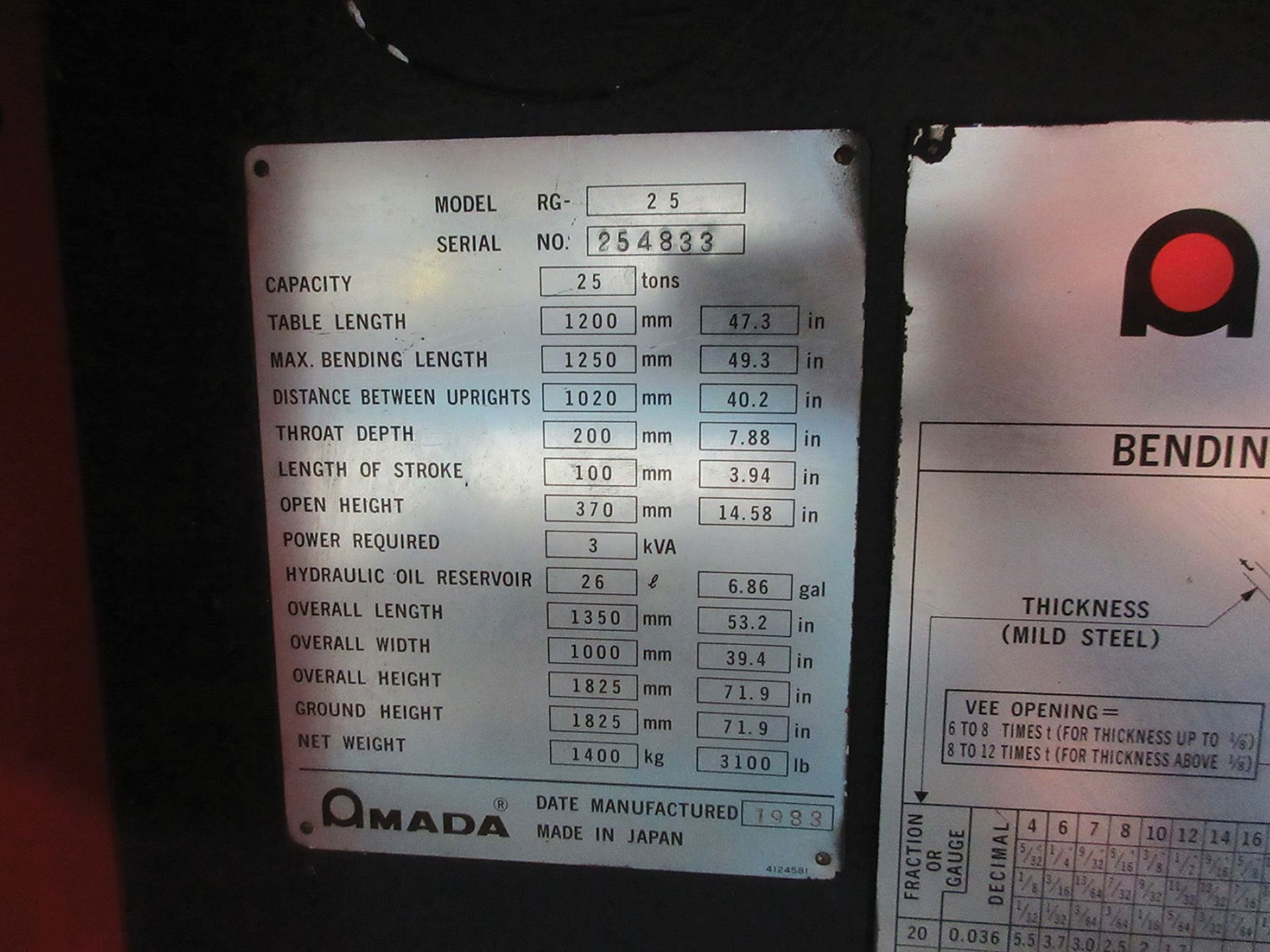 1983 AMADA RG25 25 TON X 47.3 HYDRAULIC PRESS BRAKE; 7.88'' THROAT DEPTH, 3.94'' STROKE LENGTH, 14. - Image 3 of 3